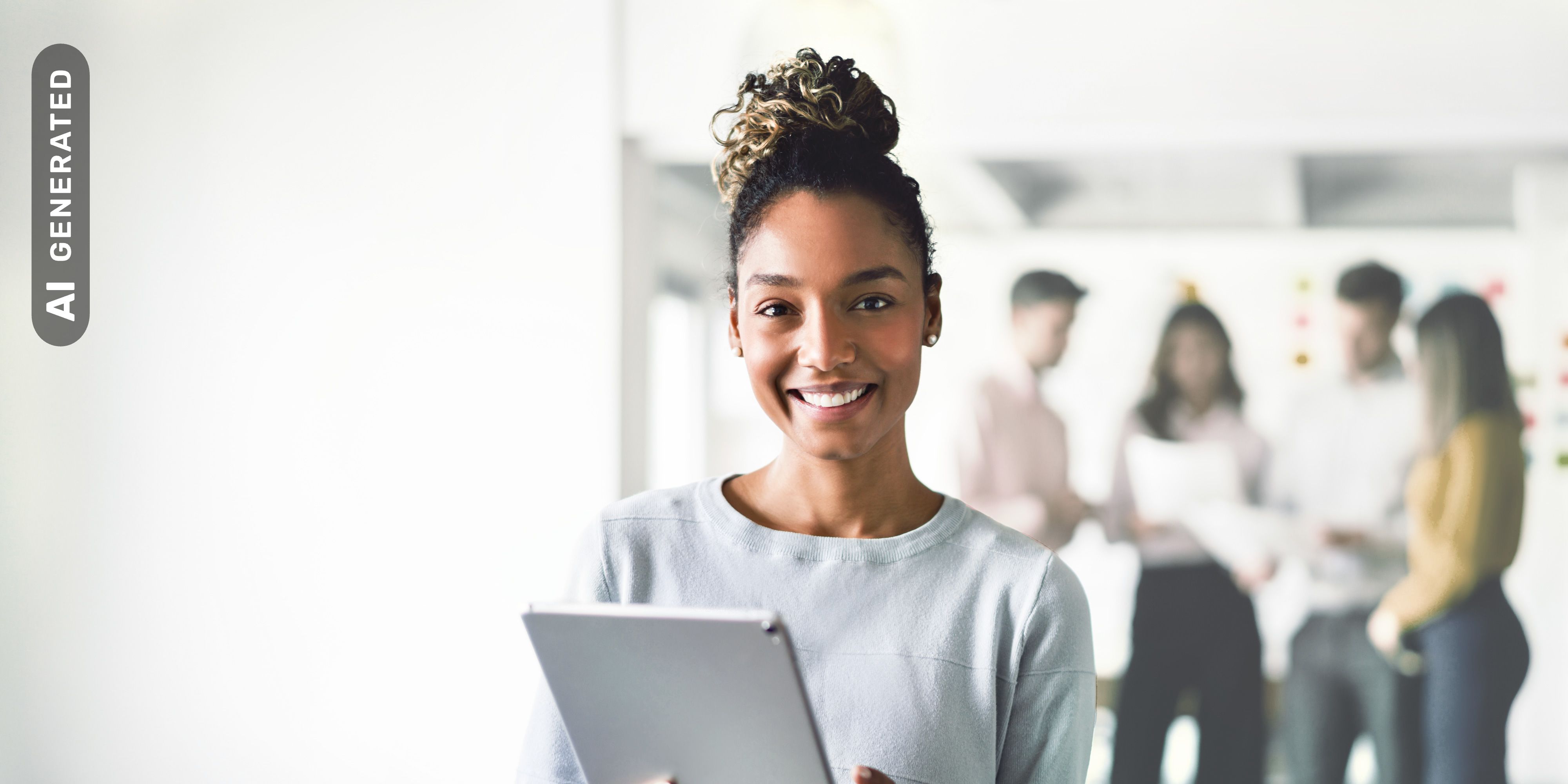 Titelbild für Studiengangseite "duales Studium Personalmanagement": Frau mit Tablet in Büro, AI-generated