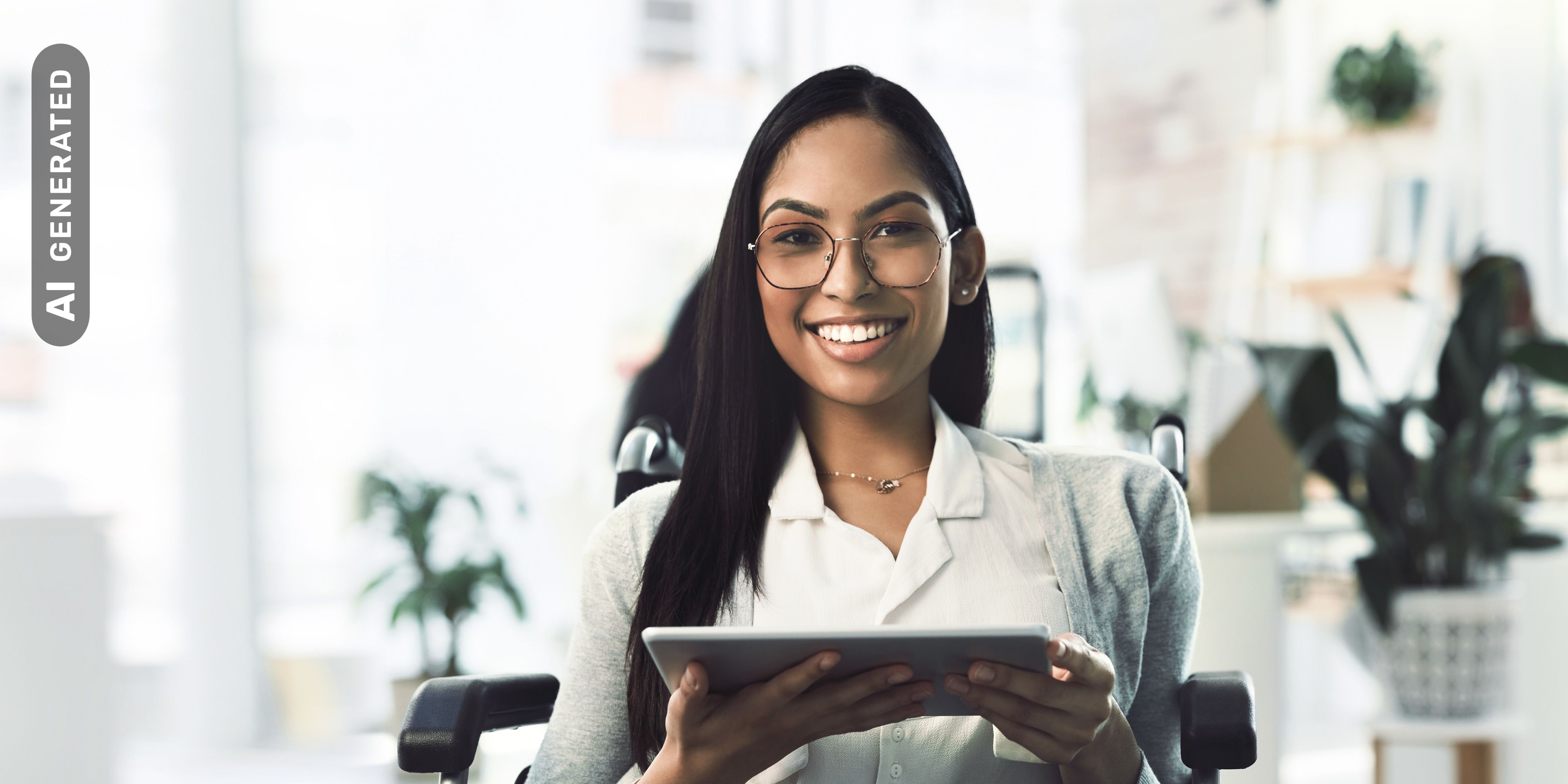 Titelbild für Studiengangseite "myStudium Betriebswirtschaftslehre": Frau in Büro mit Tablet in der Hand, AI-generated