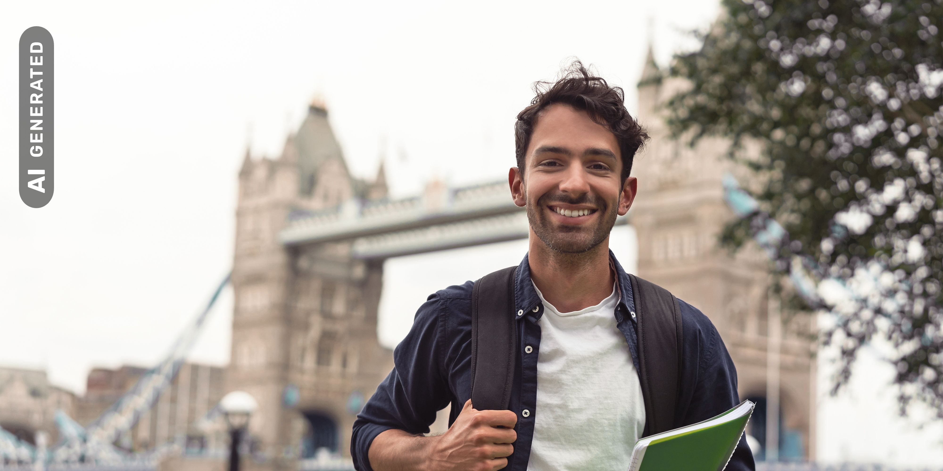 Titelbild für Infoseite "duales Studium": Auslandssemester. Junger Mann vor Towerbridge in London mit Block in der Hand., AI-generated