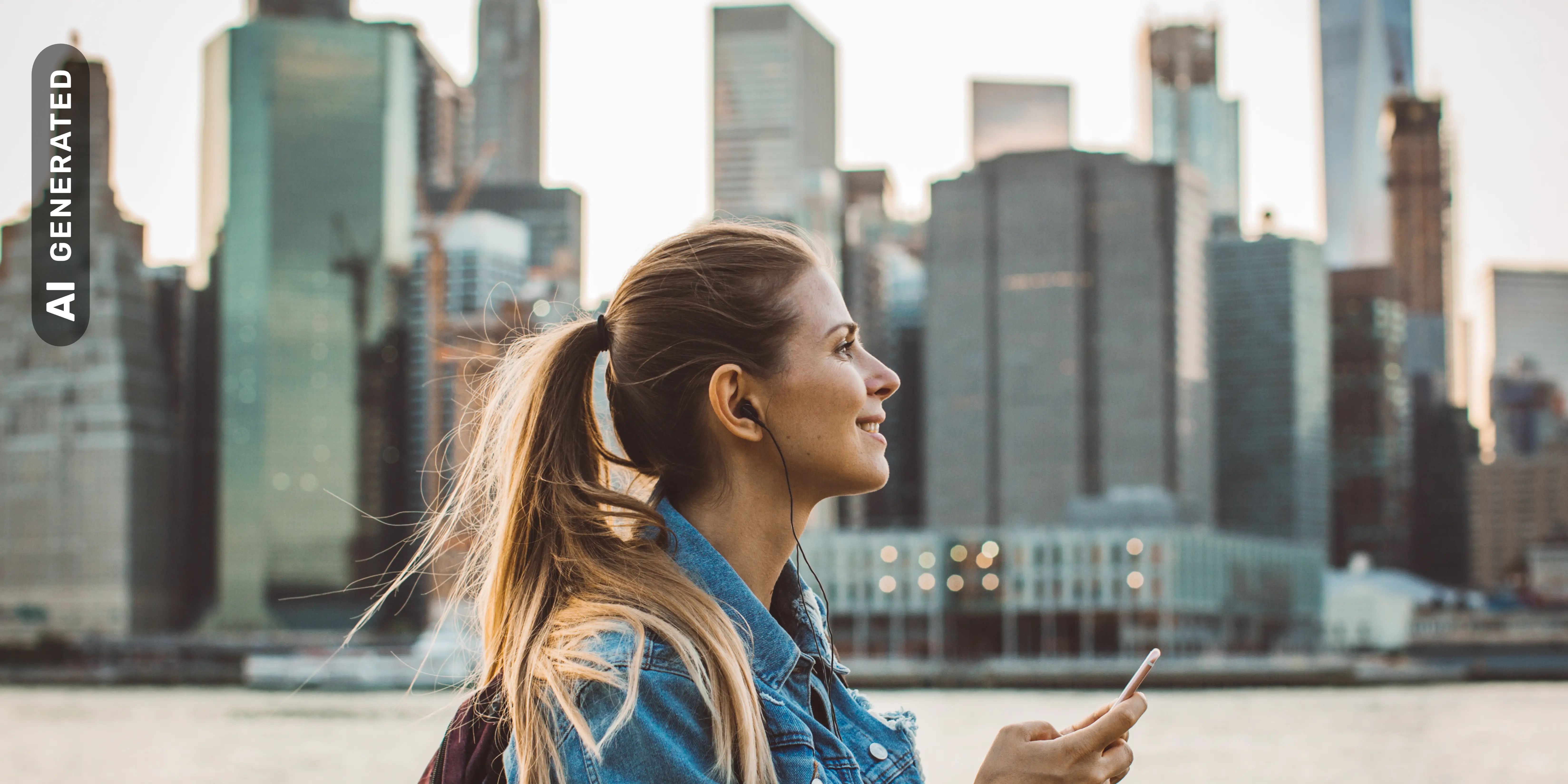 Titelbild zur Infoseite "Auslandssemester": Junge Frau mit Kopfhörern vor Skyline einer Großstadt im Ausland, AI-generated
