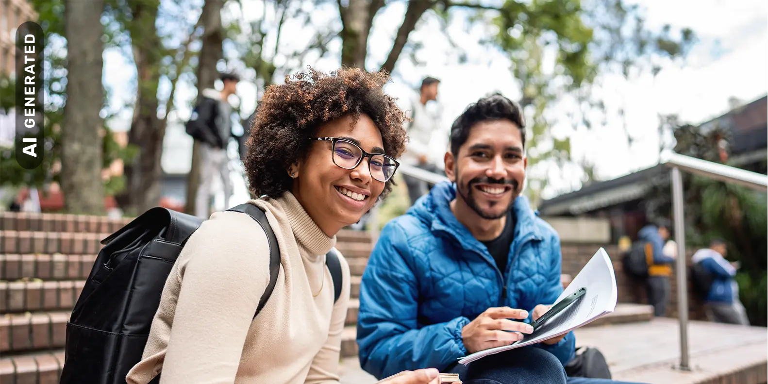 Titelbild zur Infoseite "Studium und Ausbildung": Zwei Studierende sitzen draußen am Campus, AI-generated