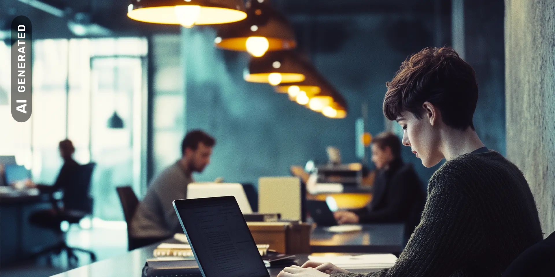 Titelbild zum Artikel "Softwareentwickler:in werden": Entwicklerin arbeitet am Laptop in Großraumbüro, AI-generated