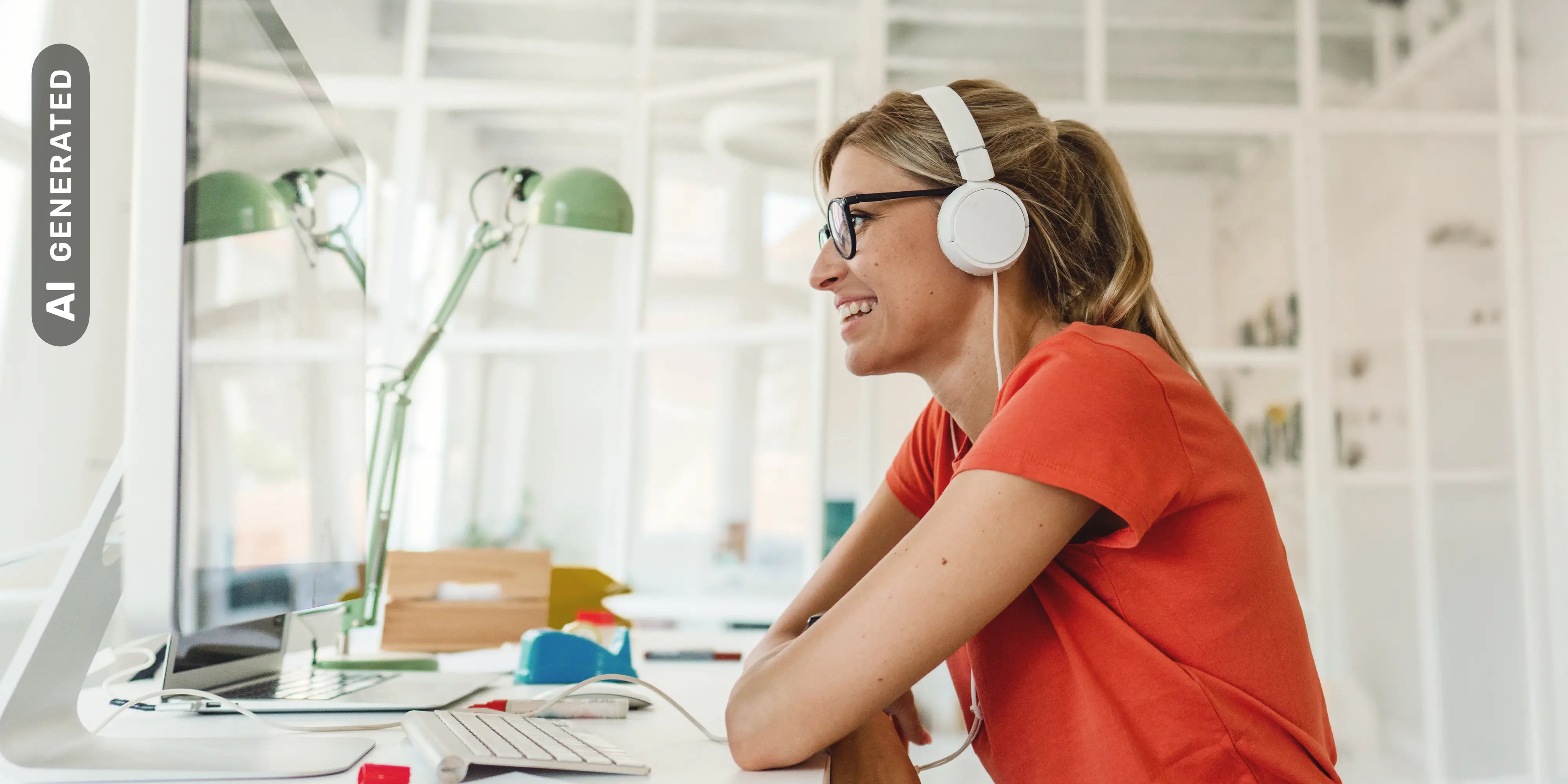 Online Infoveranstaltungen: Studentin mit Headset sitzt vor dem Laptop, AI-generated