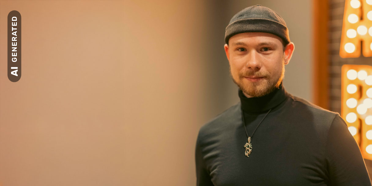Titelbild zu Artikel "Yannicks Weg: Mediendesign dual studieren und remote arbeiten": Yannick steht lächelnd im Büro von Schenk Immobilien, AI-generated