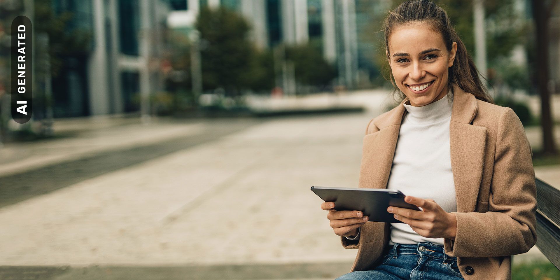 Titelbild für Artikel “Arbeit 4.0”: Studentin sitzt auf einer Bank am Campus und informiert sich am Tablet über Themen zu Arbeit 4.0, AI-generated
