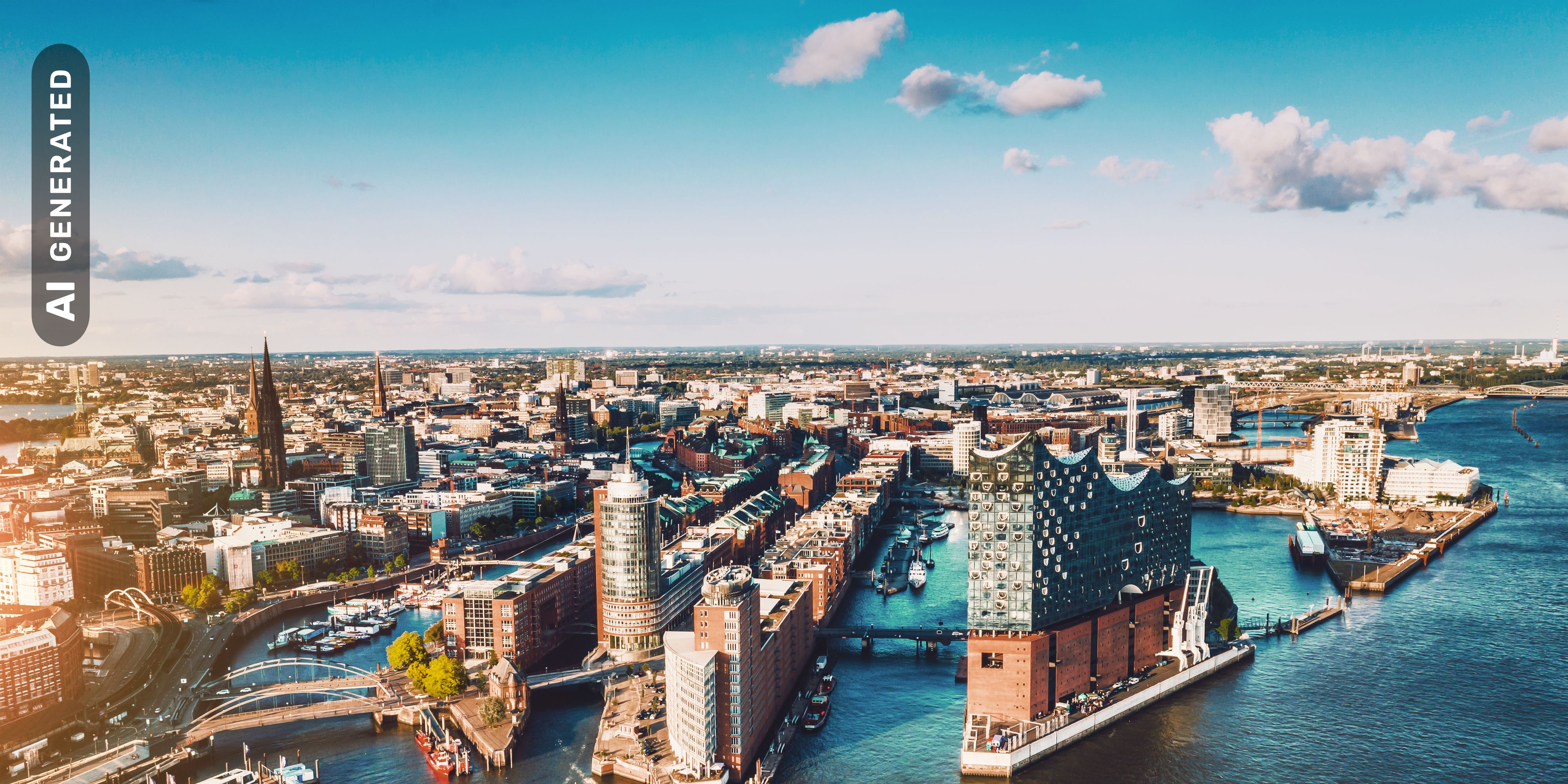 Titelbild auf Studienortseite "duales Studium Hamburg": Stadtblick, AI-generated