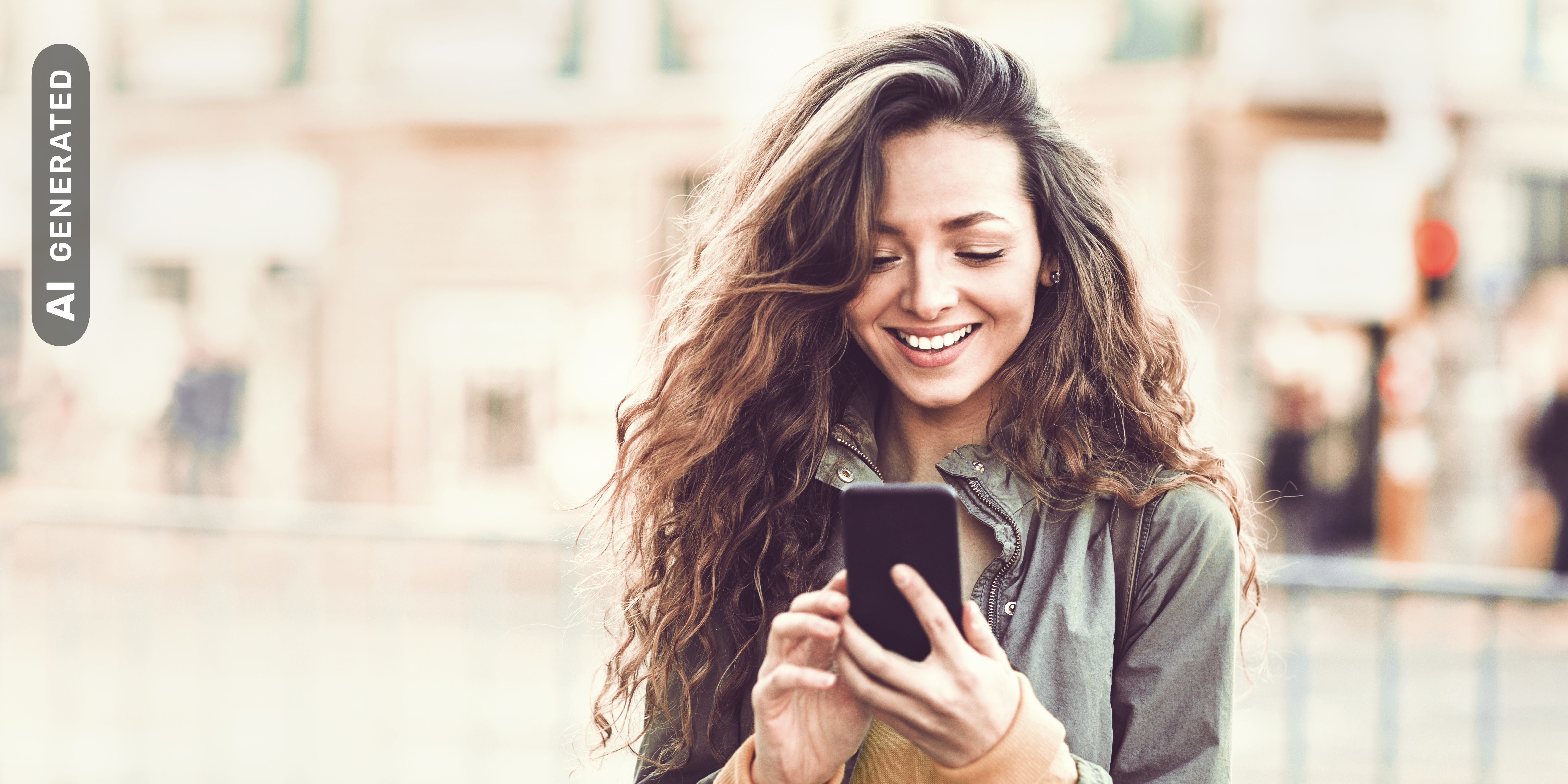 Titelbild für Infoseite "duales Studium Kindergeld": Studentin lacht und schaut auf Handy, AI-generated
