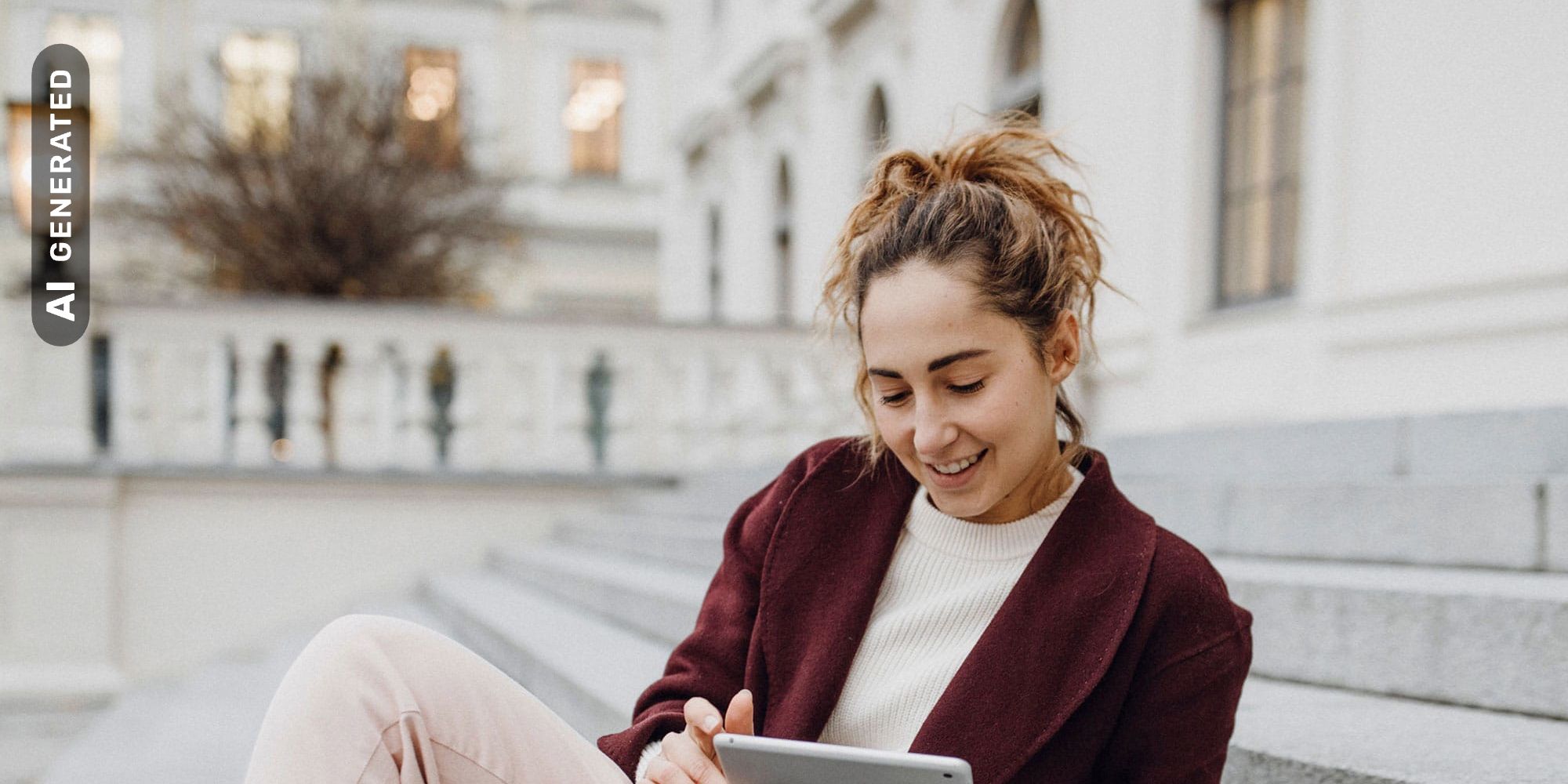Titelbild der Infoseite "Duales Studium Rheinland-Pfalz": Duale Studentin aus Rheinland-Pfalz sitzt auf einer Treppe und schaut auf ihr Tablet, AI-generated