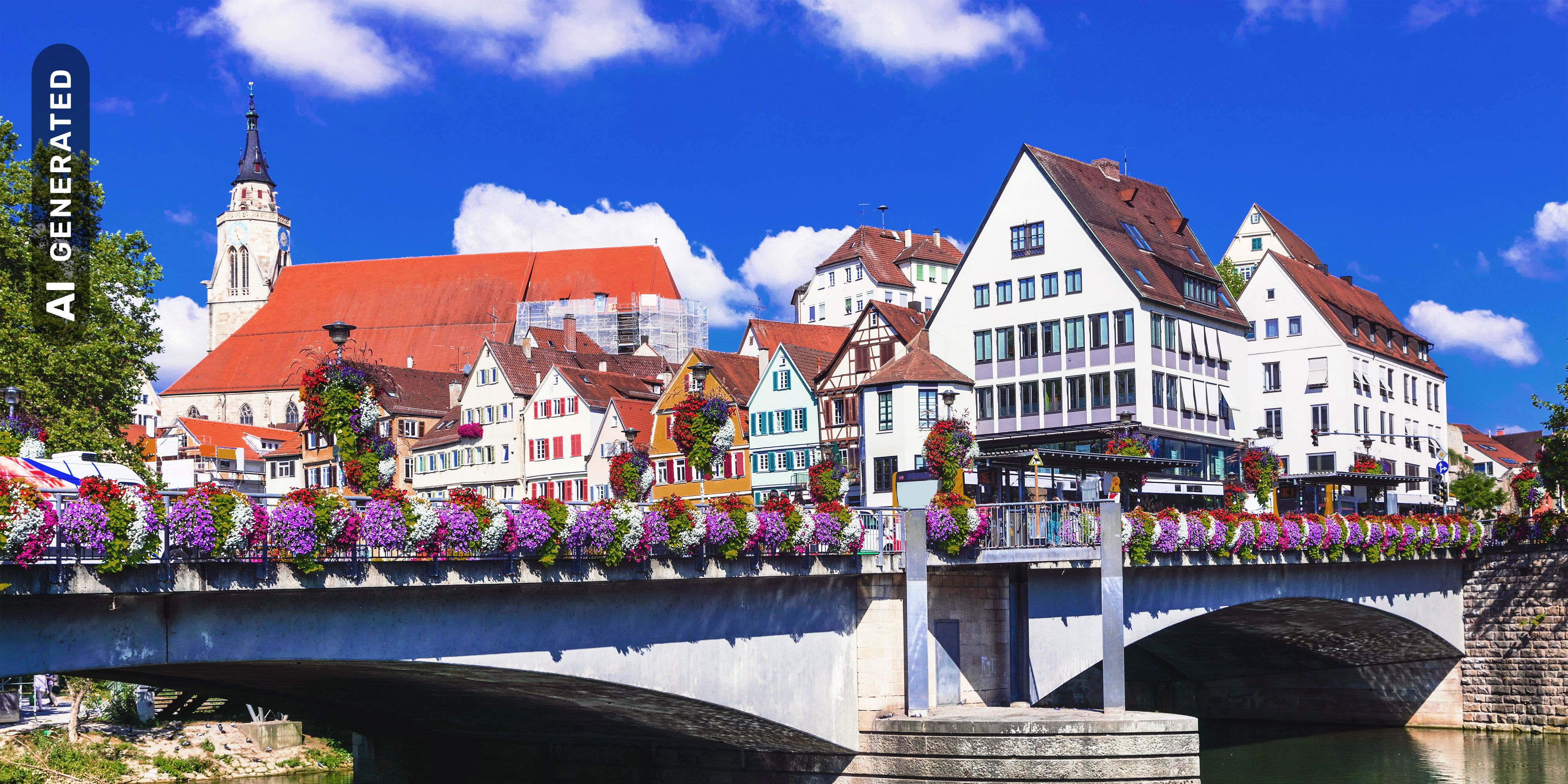 Titelbild für Infoseite "duales Studium Tübingen": Brücke mit Blumen geschmückt und Häusern, AI-generated