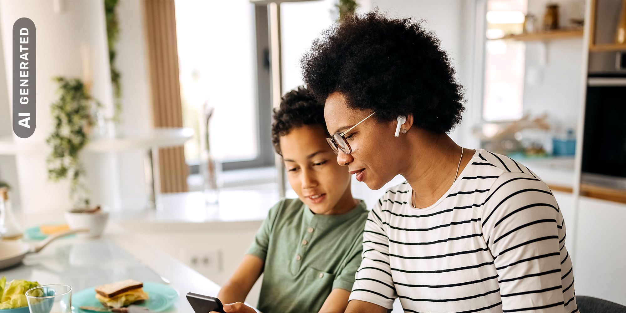 Titelbild für Infoseite “flexibel studieren”: Studentin  mit Sohn, während sie am Laptop arbeitet, AI-generated