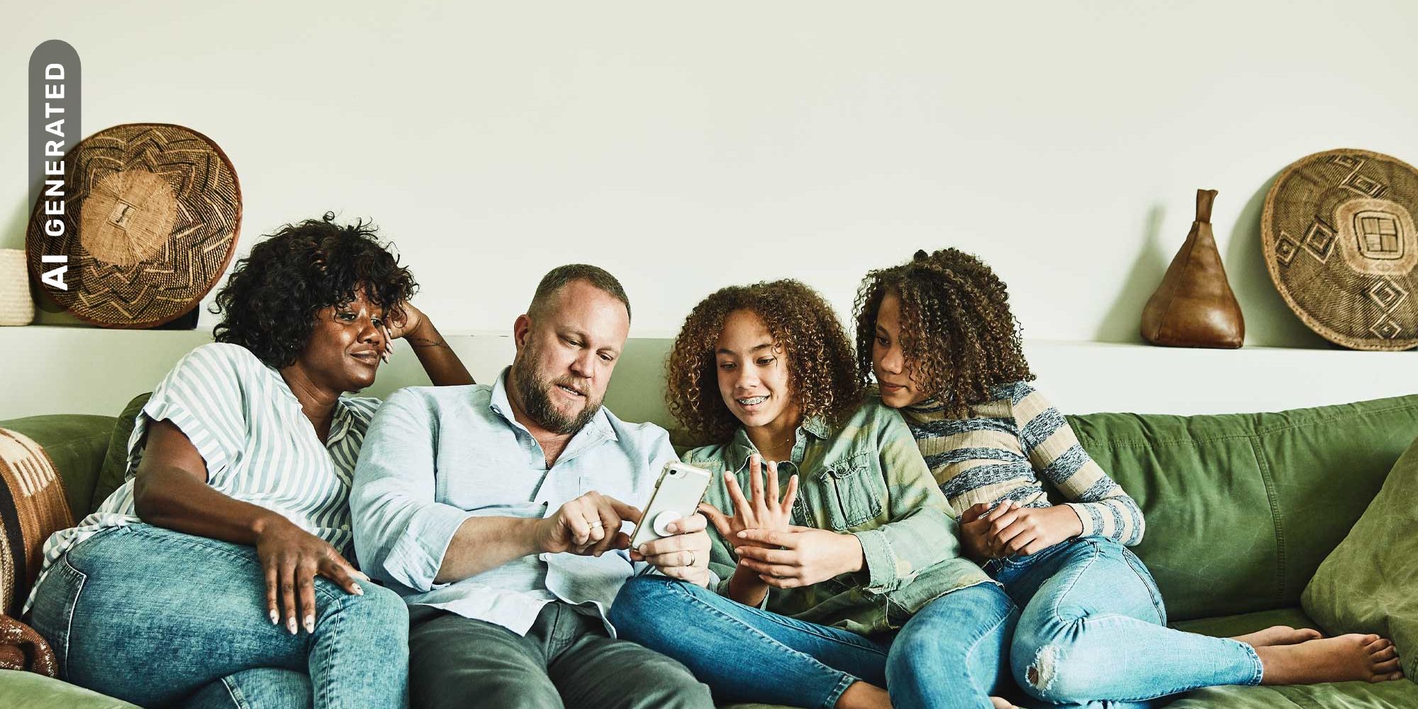 Titelbild Infoseite Infos für Eltern: Eltern mit Kindern sitzen auf dem Sofa und schauen gemeinsam auf Smartphone, AI-generated