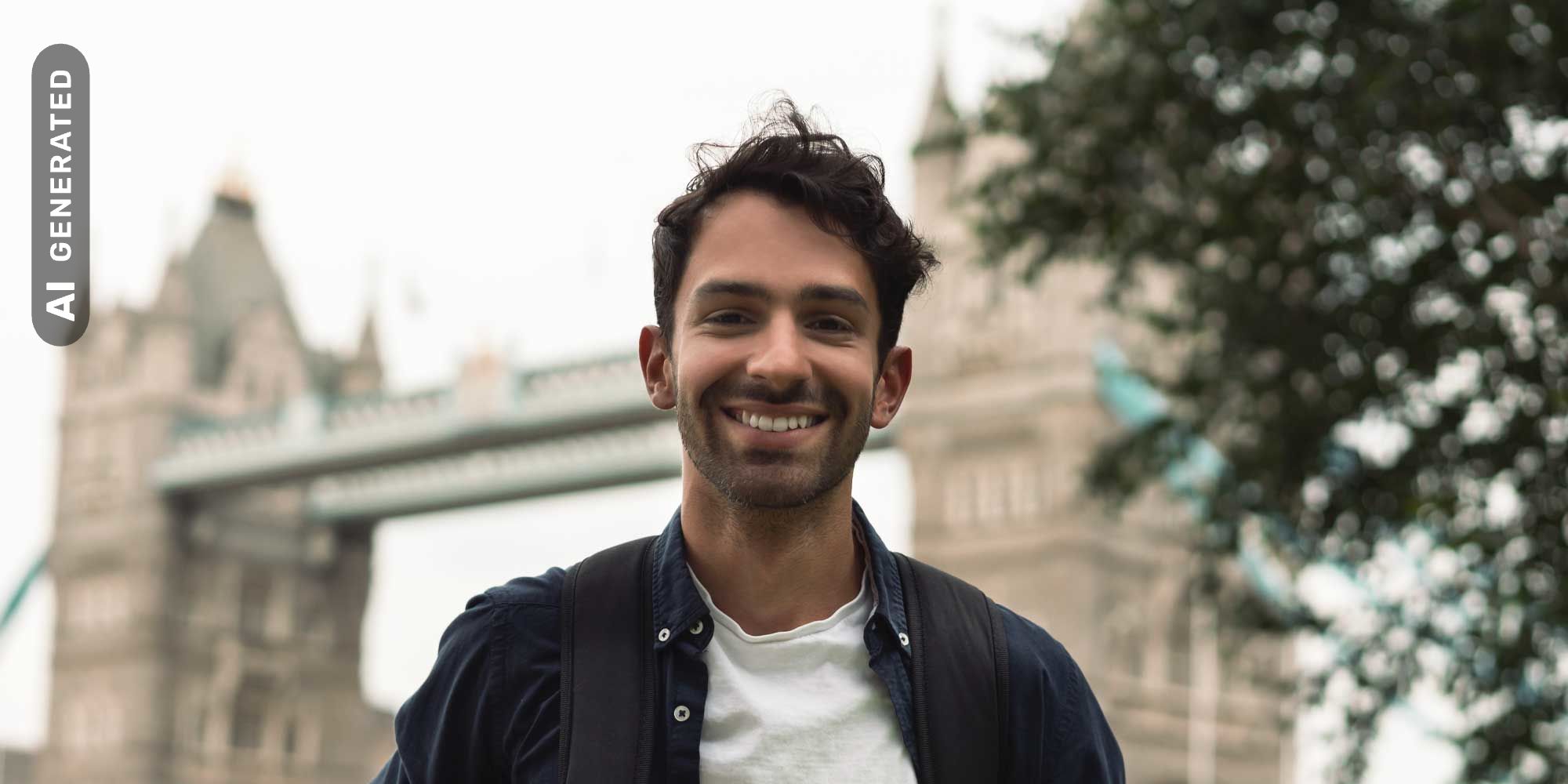 Titelbild zur Infoseite "Auslandssemester": Student mit Rucksack vor der Tower Bridge in London, AI-generated