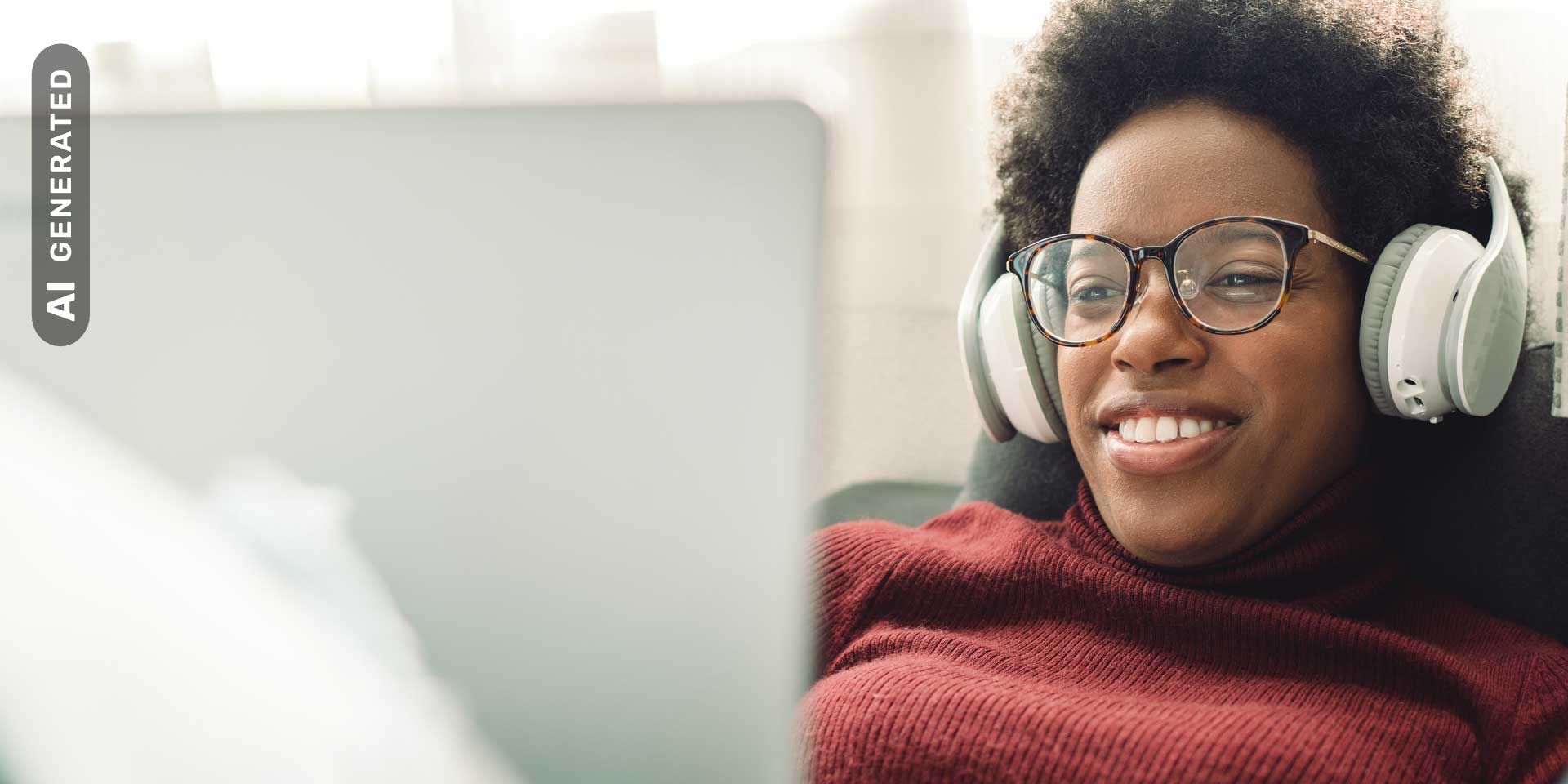 Studentin lernt auf dem Sofa mit Kopfhörer und  Laptop, AI-generated