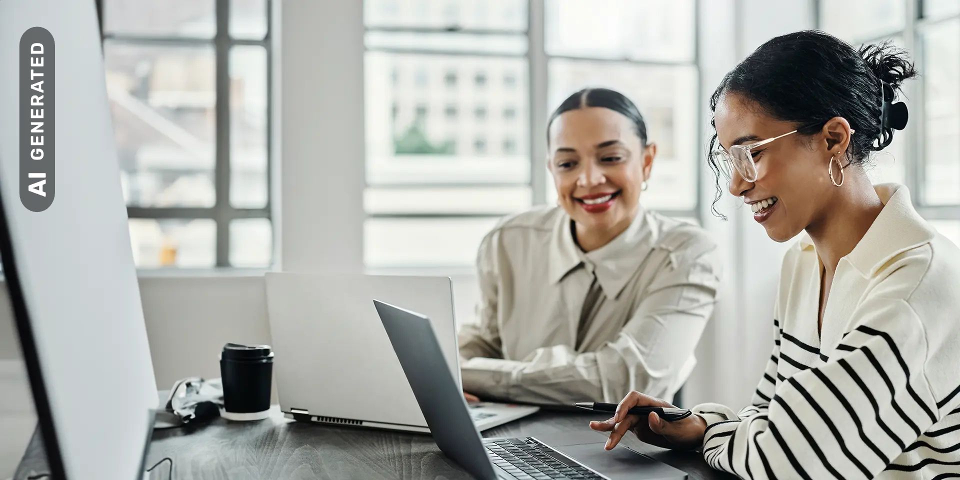 Titelbild zum Artikel "Was macht ein SEO Manger?": Zwei SEO Managerinnen arbeiten am Laptop, AI-generated