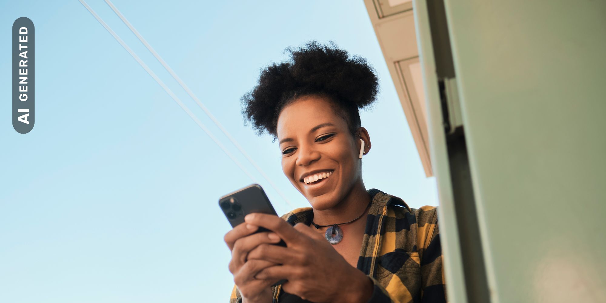 Titelbild für Infoseite “Studienberatung”: Studentin mit Smartphone in der Hand, AI-generated