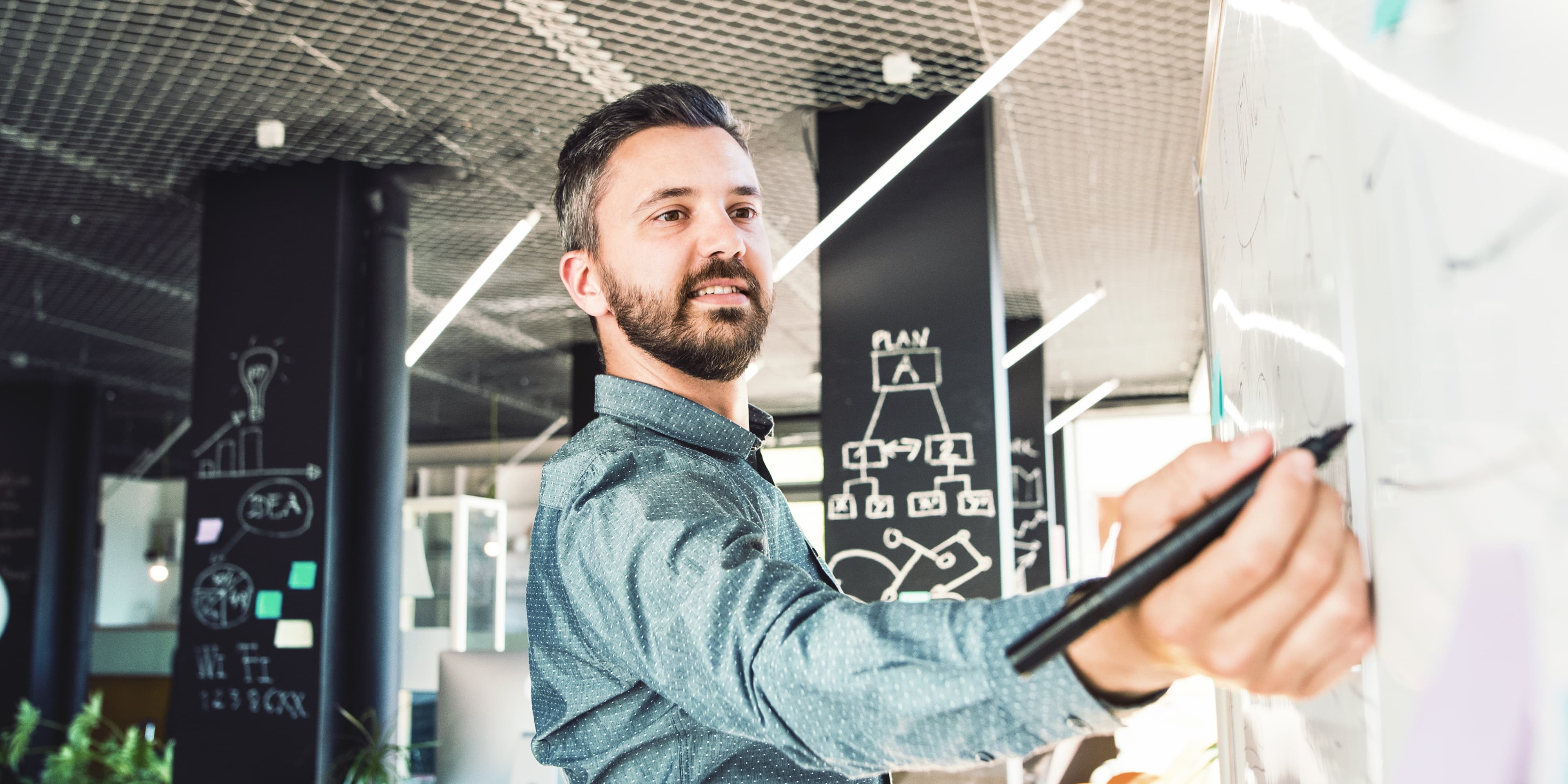 Titelbild für Artikel “Startup gründen”: Student skizziert an einer Tafel Ideen für sein Startup