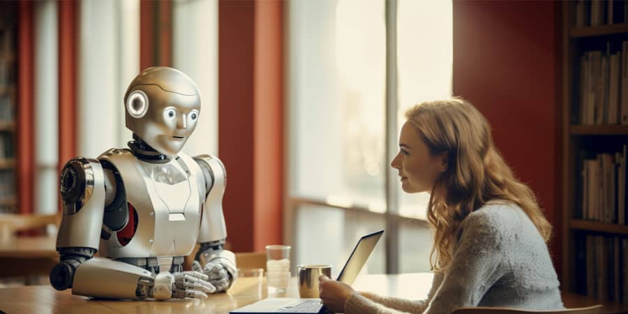 Student showing her laptop to an AI assistant