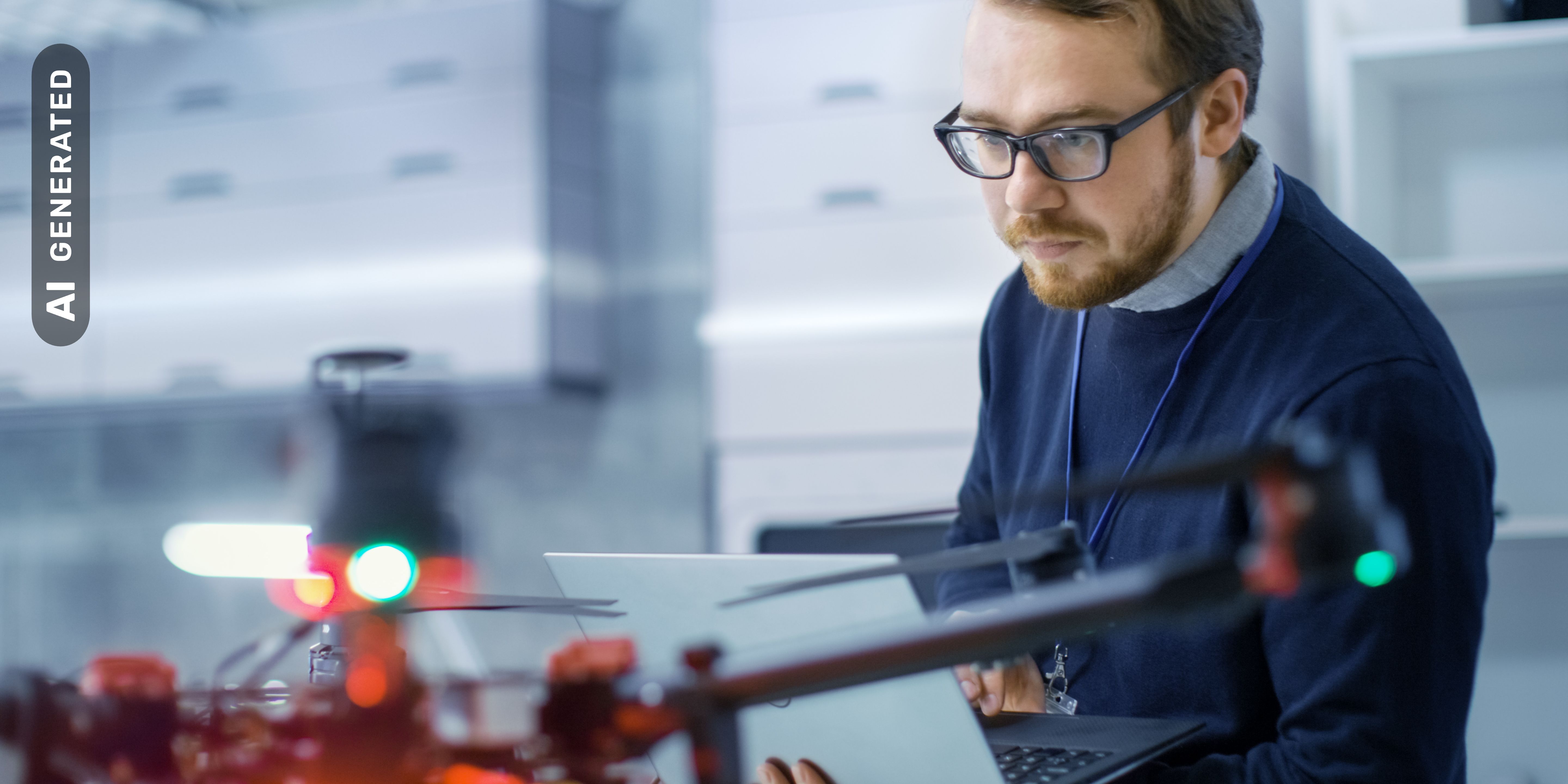 Titelbild für Infoseite “Bachelor Angewandte Künstliche Intelligenz”: Student arbeitet an einer Drohne mit Laptop in der Hand, AI-generated