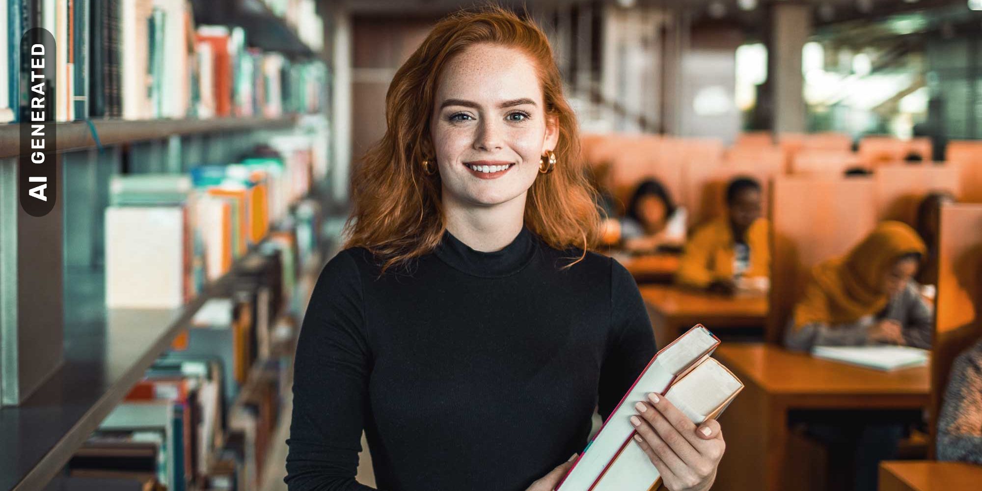 Studentin mit Büchern in der Hand in der Bibliothek, AI-generated