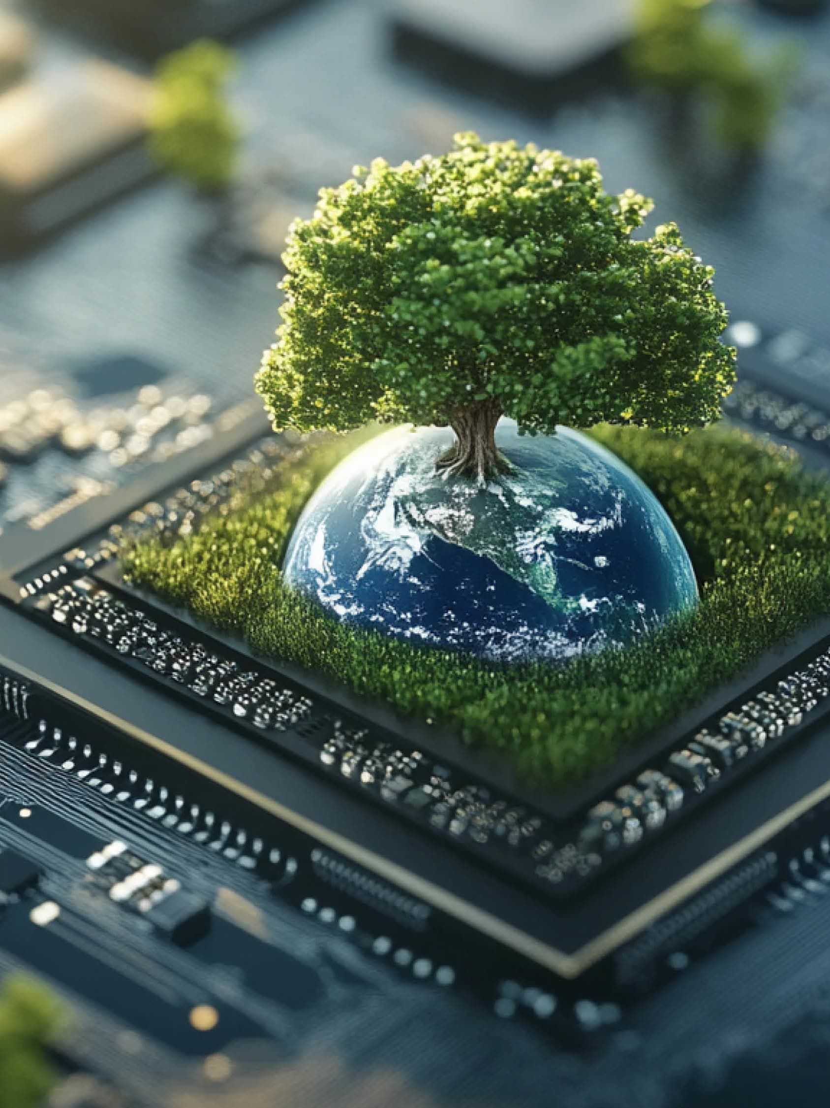 Titelbild zum Event "IU Beyond - Technology meets Sustainability": Grüner Baum auf Chip einer Computerplatine