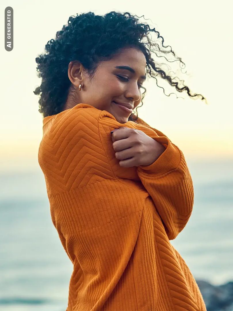 Titelbild zum Artikel "Selbstliebe & Affirmation": Selbstbewusste Frau umarmt sich selbst am Meer, AI-generated