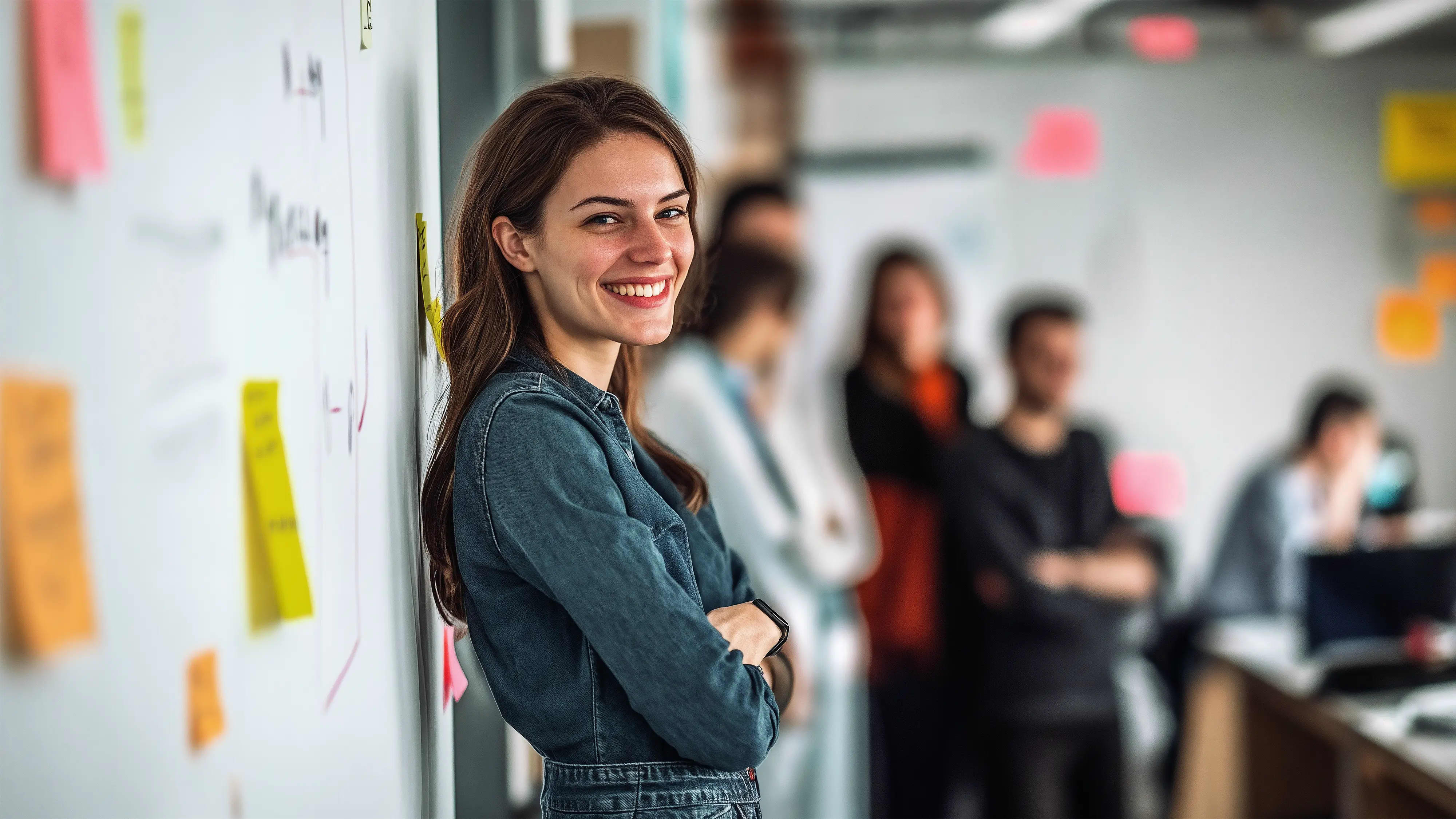 Mediabild der Infoseite "Fernstudium Büromanagement": Studentin ist im Büro und steht neben einer Wand mit Post Its