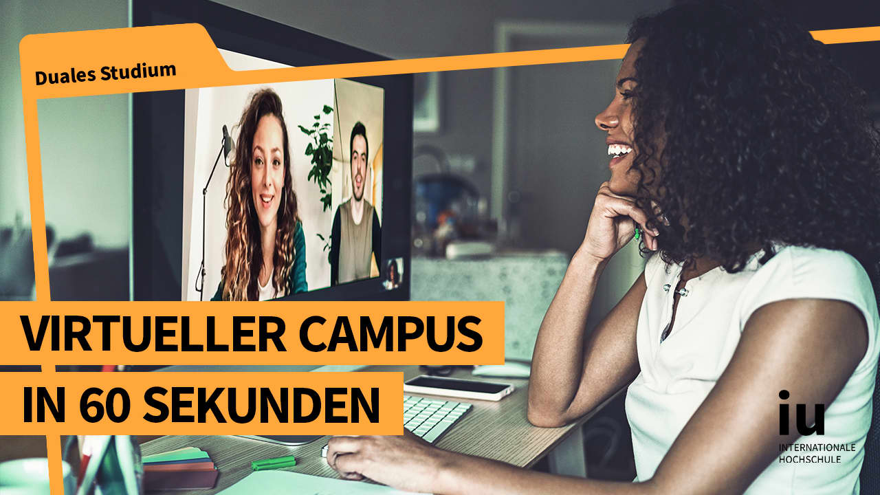 Startbild für Erklärvideo für Infoseite "duales Studium virtueller Campus": Studentin im Meeting am Laptop