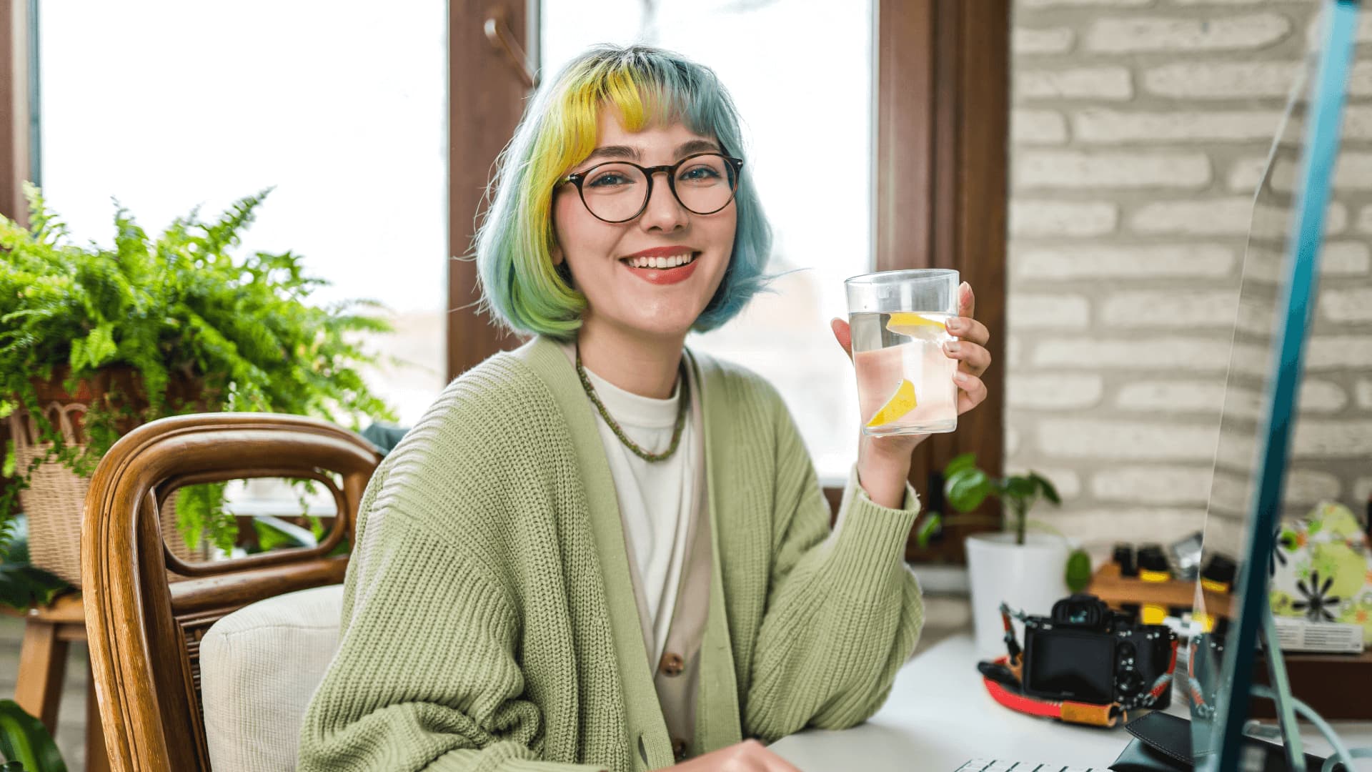 Woman with colourful hair sitting at desktop monitor with glass water