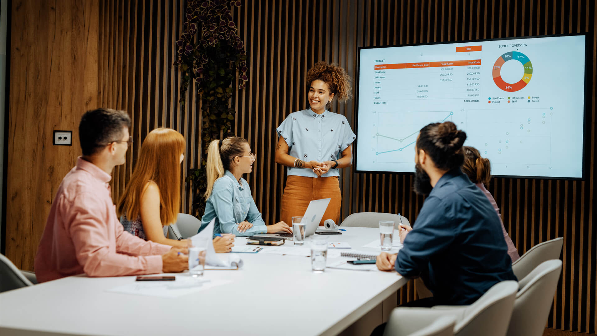 Confident MBA Project Management graduate guides a results-driven discussion using data visuals.