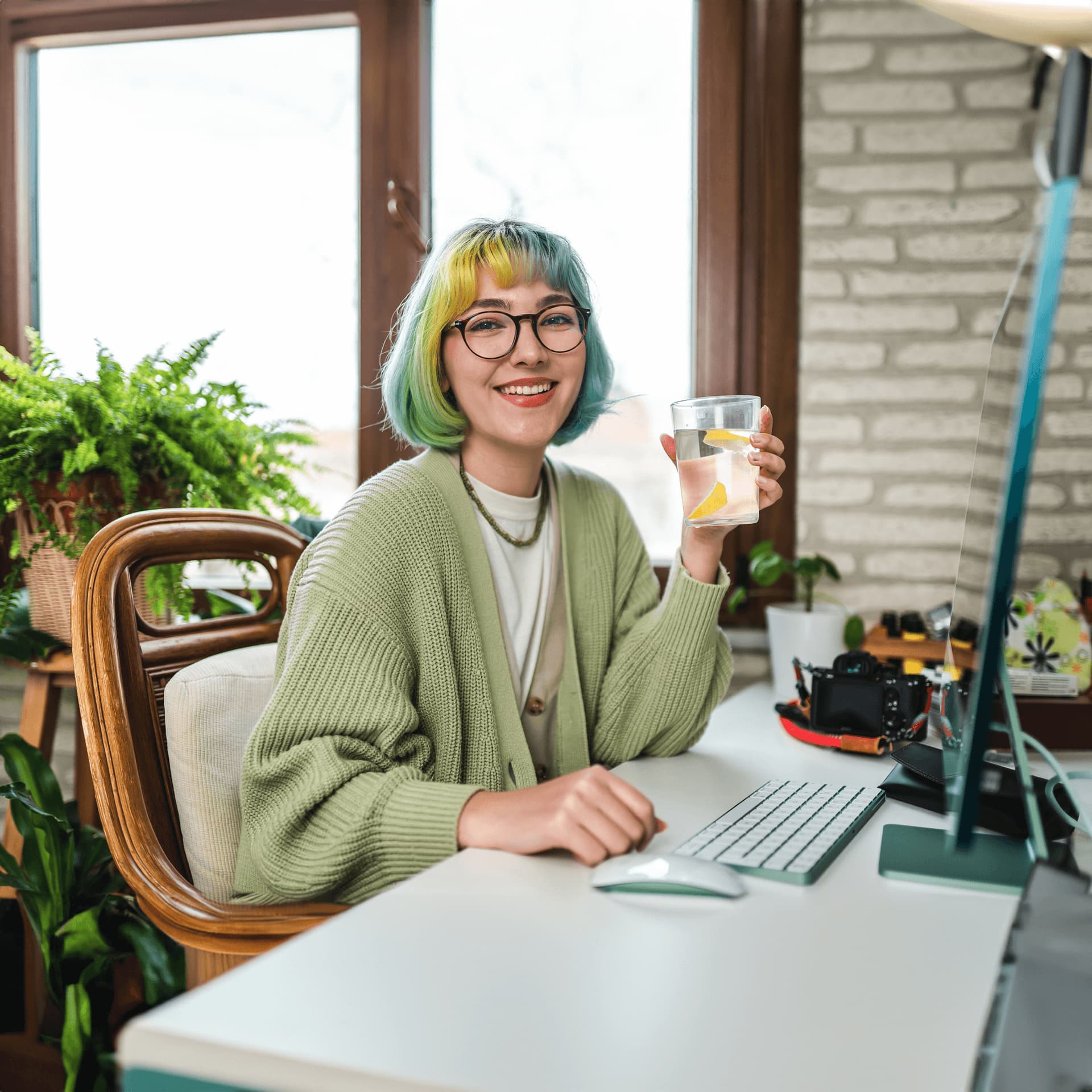 Happy girl with colourful hair is sitting in front of her PC holding a glass of water and attending her online classes in data science