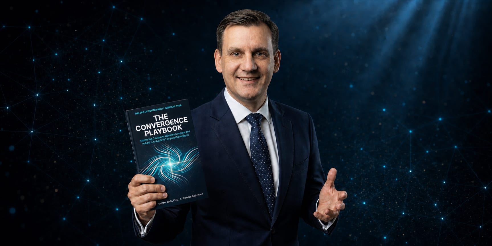Alumnus steht mit Buch in Hand