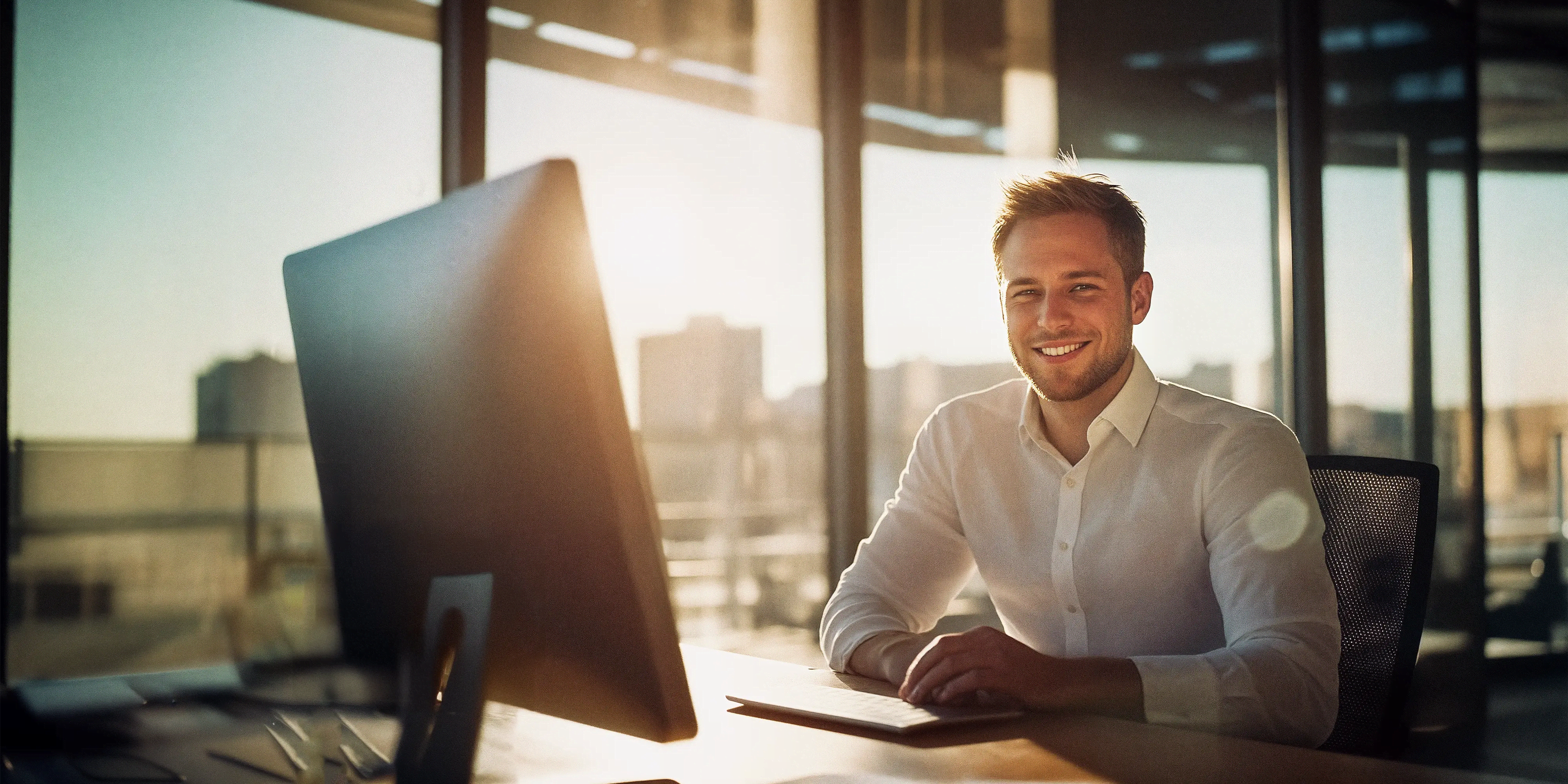 Titelbild der Infoseite "Fernstudium Finanzbuchhalter": Studentsitzt am Schreibtisch im Büro