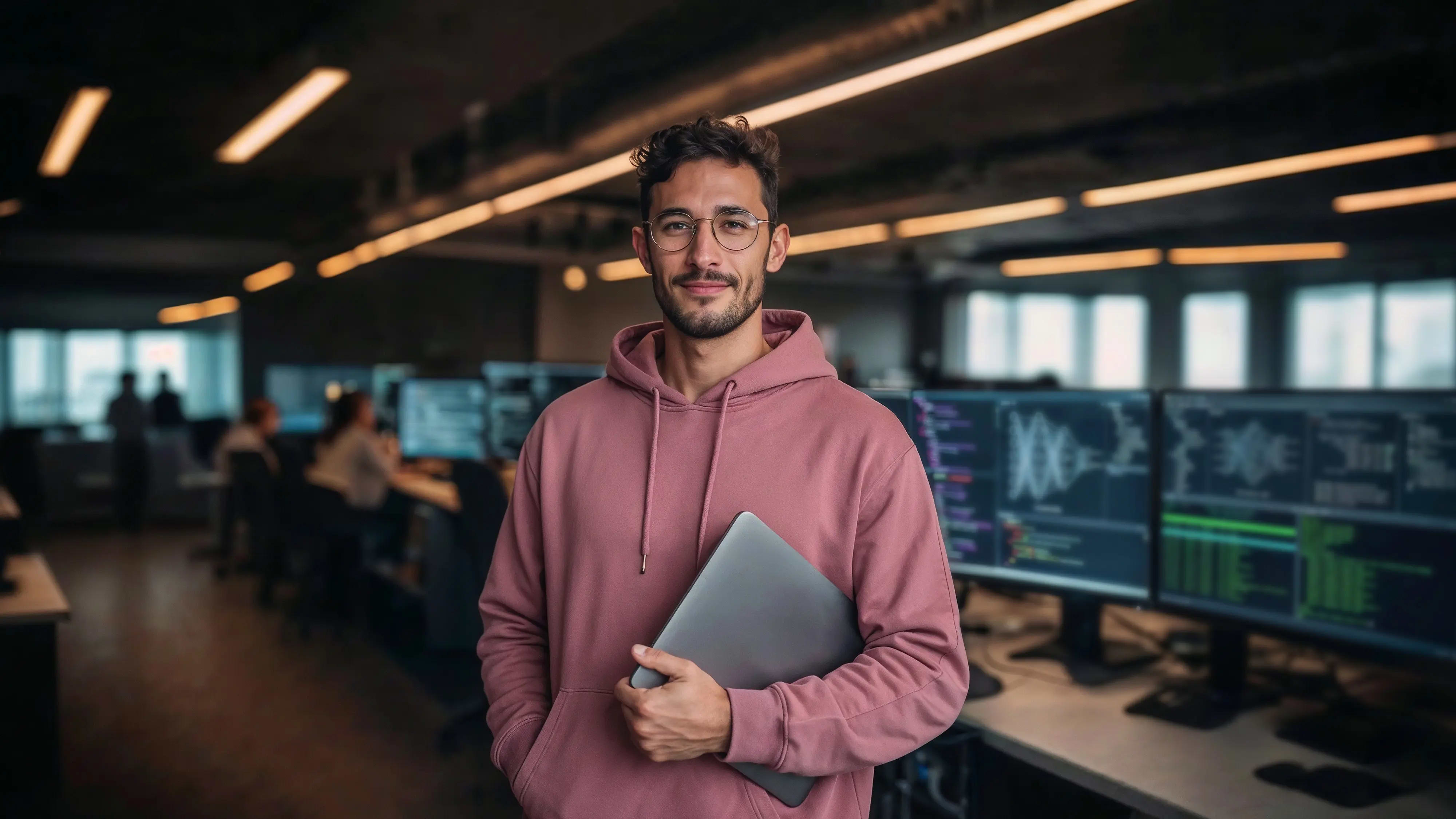 Bachelor-Artificial Intelligence: Mann steht mit Laptop im Arm im Büro mit Bildschrimen im Hintergrund, AI-generated
