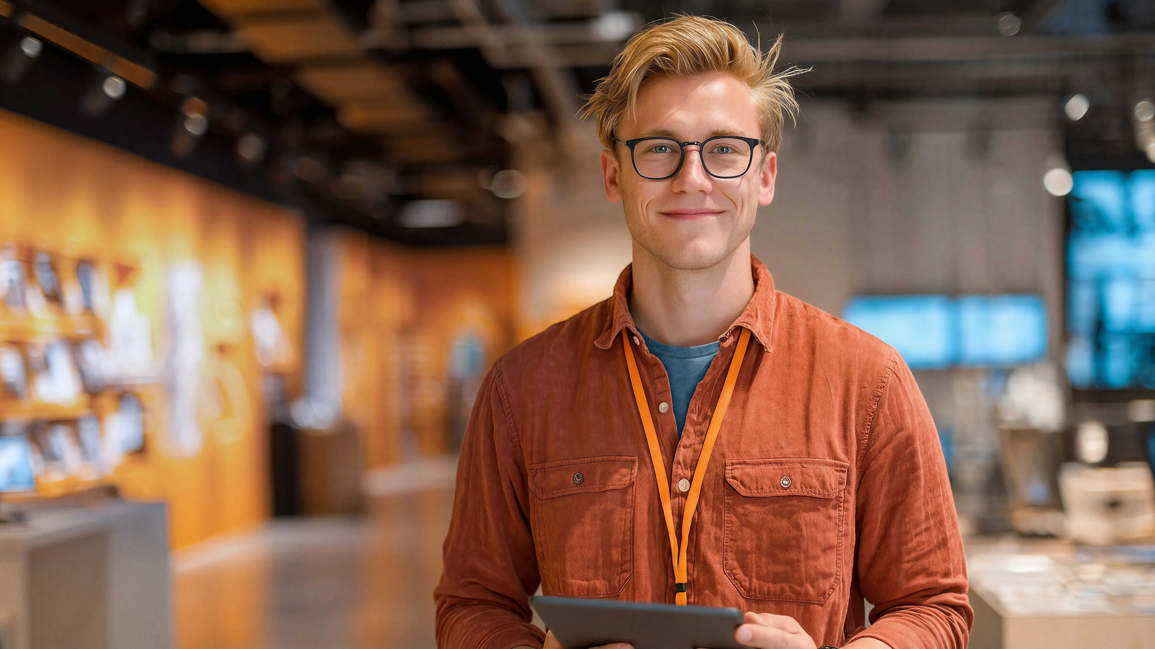 Bachelor BWL-Handelsmanagement: Mann mit Lanyard steht mit Tablet in einem Verkaufsraum, AI-generated