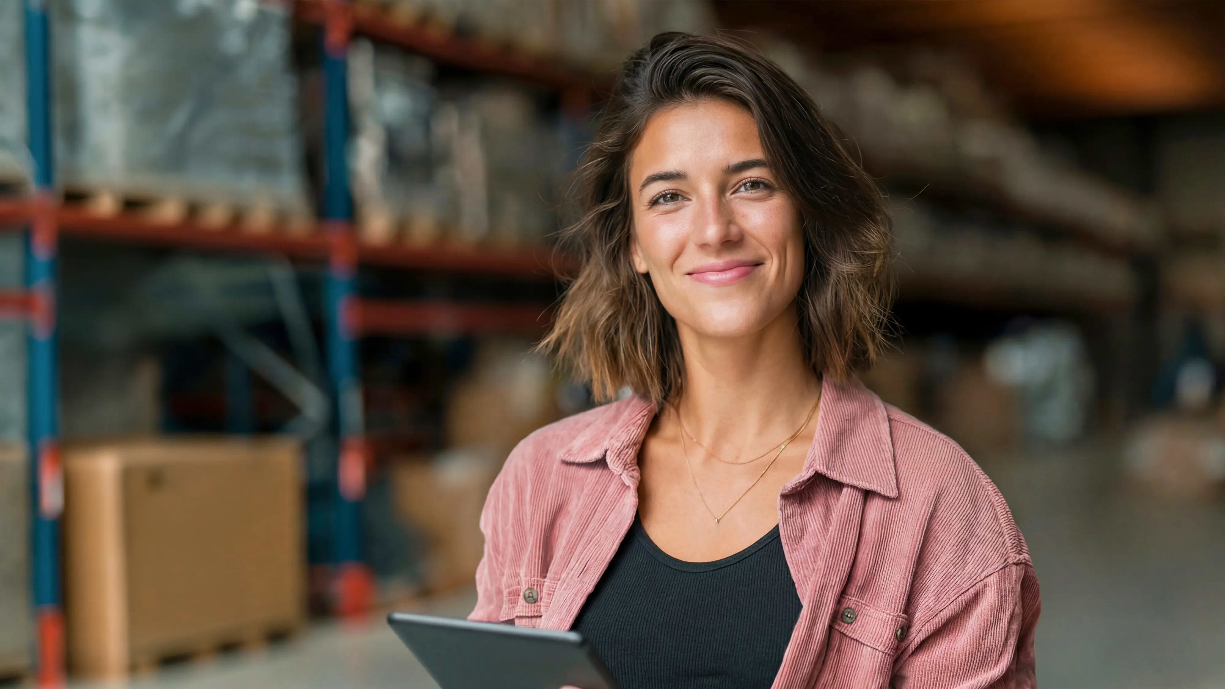 Bachelor BWL Logistikmanagement: Frau steht mit Tablet in einer Lagerhalle, AI-generated
