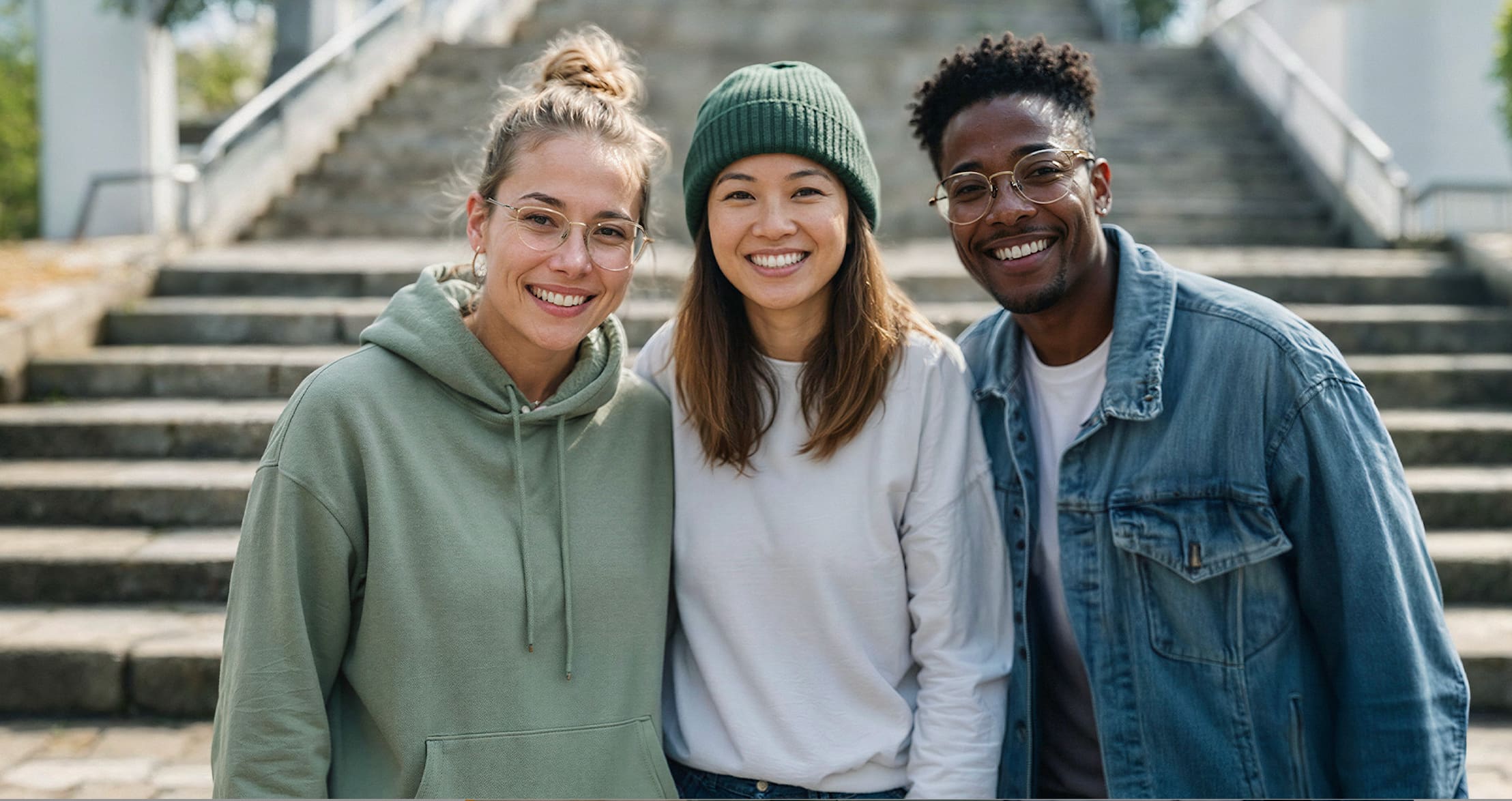 3 Alumni die vor einer Unitreppe stehen und lächeln