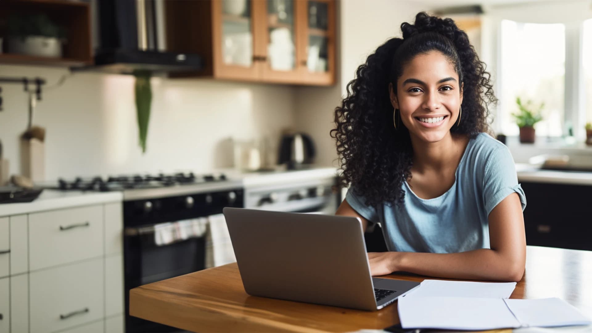Titelbild zum Artikel "Lebenslauf schreien": Junge Frau sitzt in der Küche am Laptop und schreibt ihren Lebenslauf