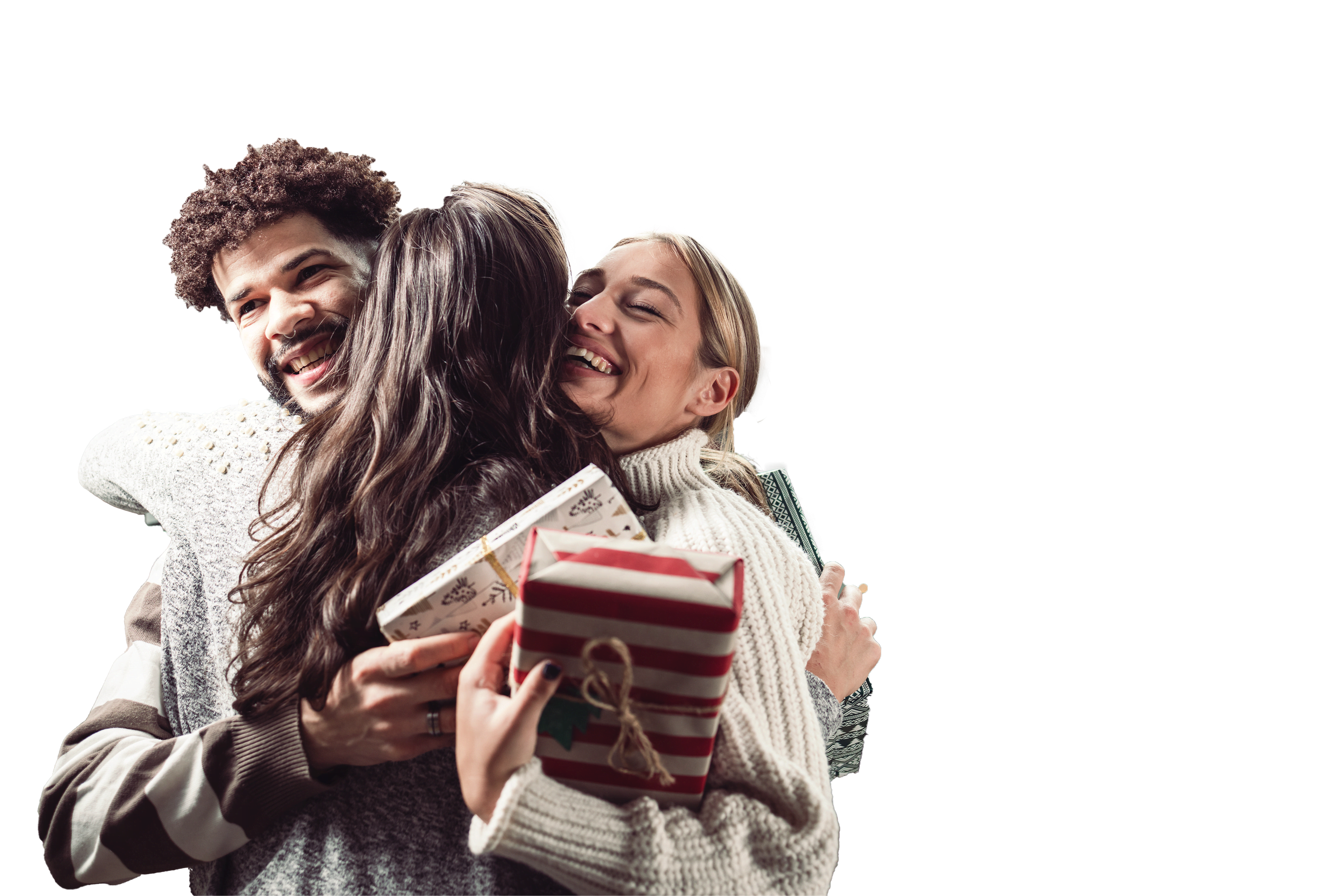 Titelbild für Infoseite zur Kampagne "Gemeinsame Zeit": Freunde umarmen sich mit Geschenken in der Hand, im Hintergrund steht ein Weihnachtsbaum.