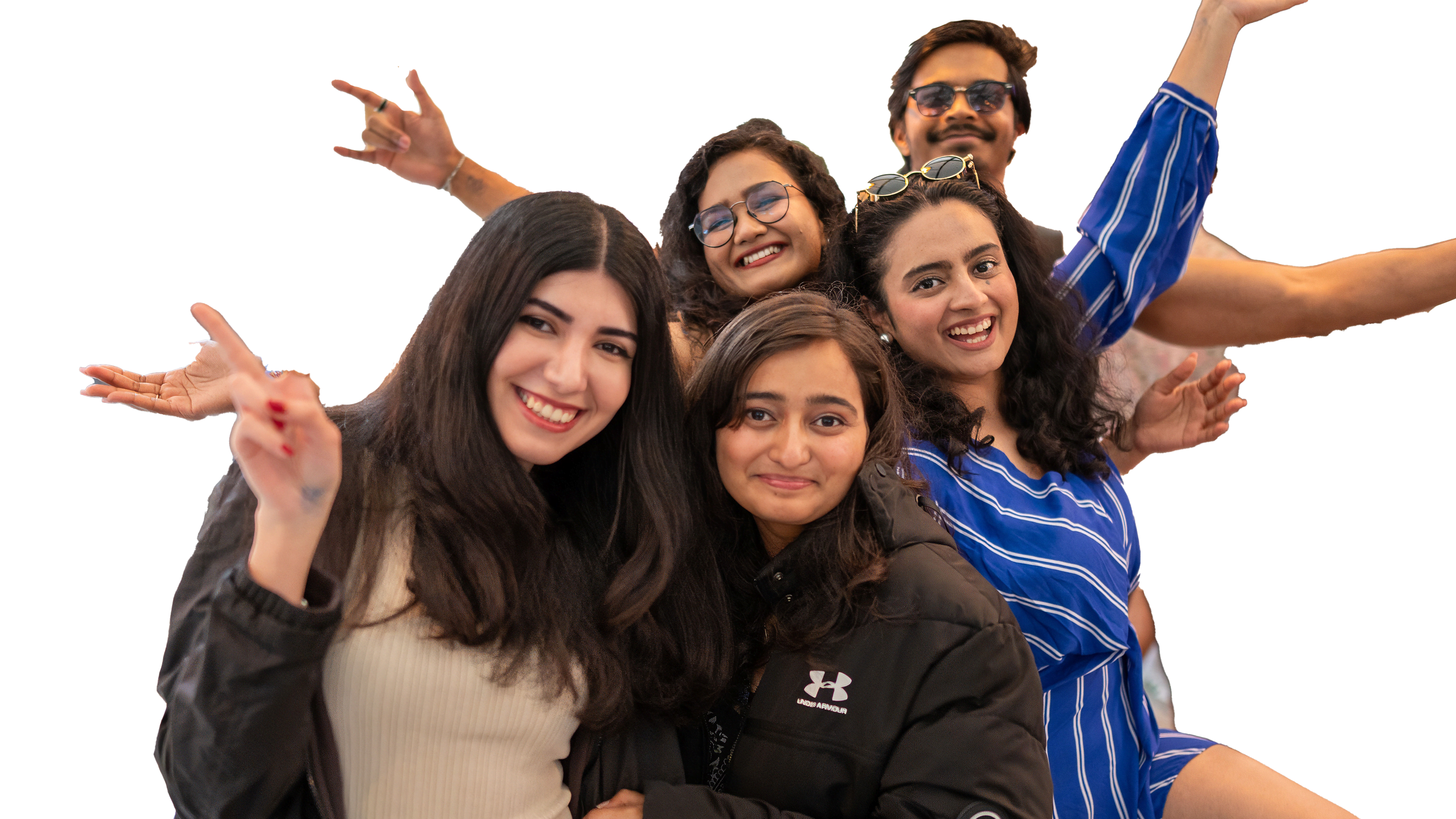 A group of international students posing for a picture at an IU party to depict international student life in Germany.