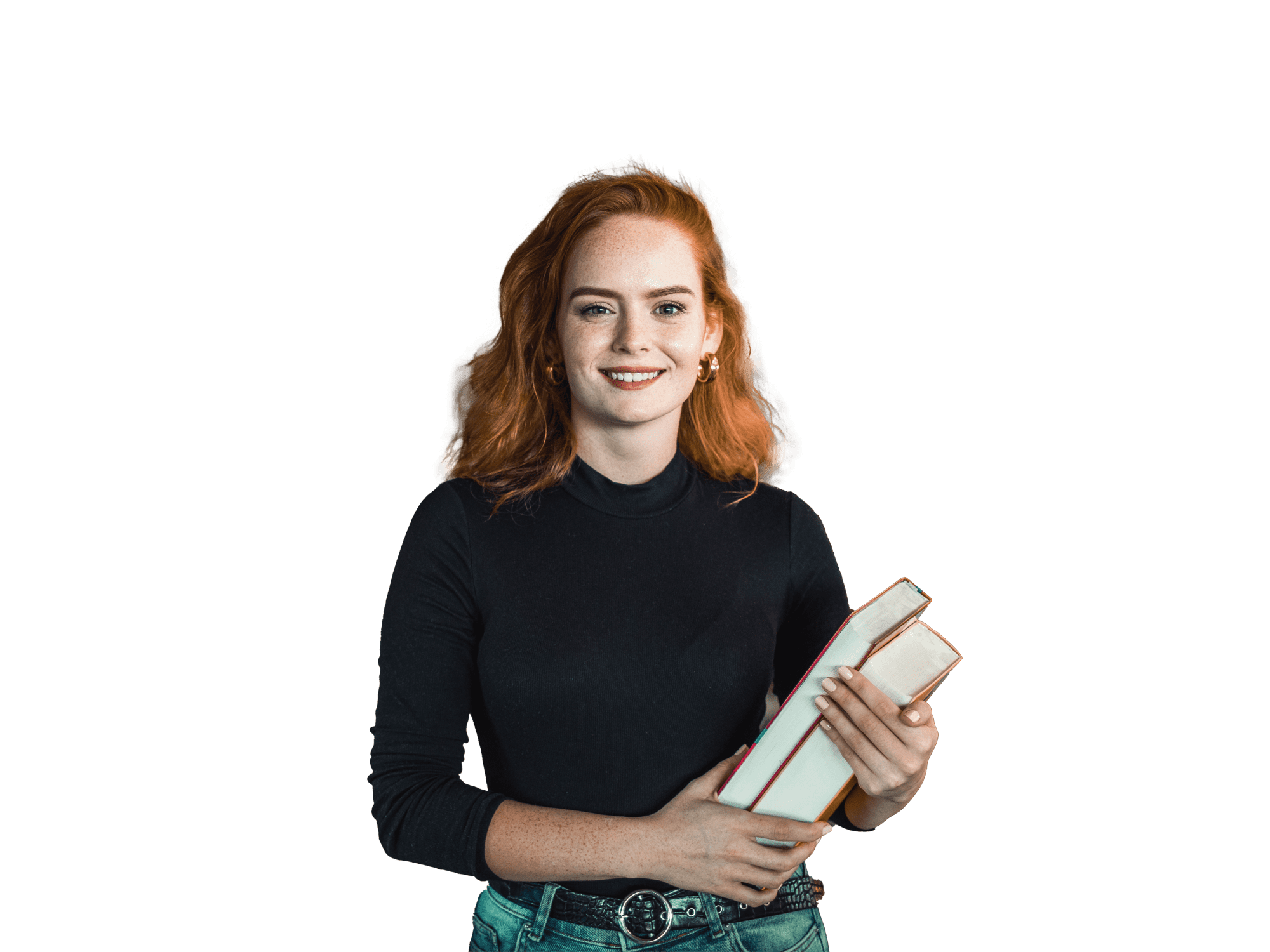 Titelbild für Infoseite "Lehrkonzepte und Methoden": Studentin mit Büchern in der Hand in der Bibliothek