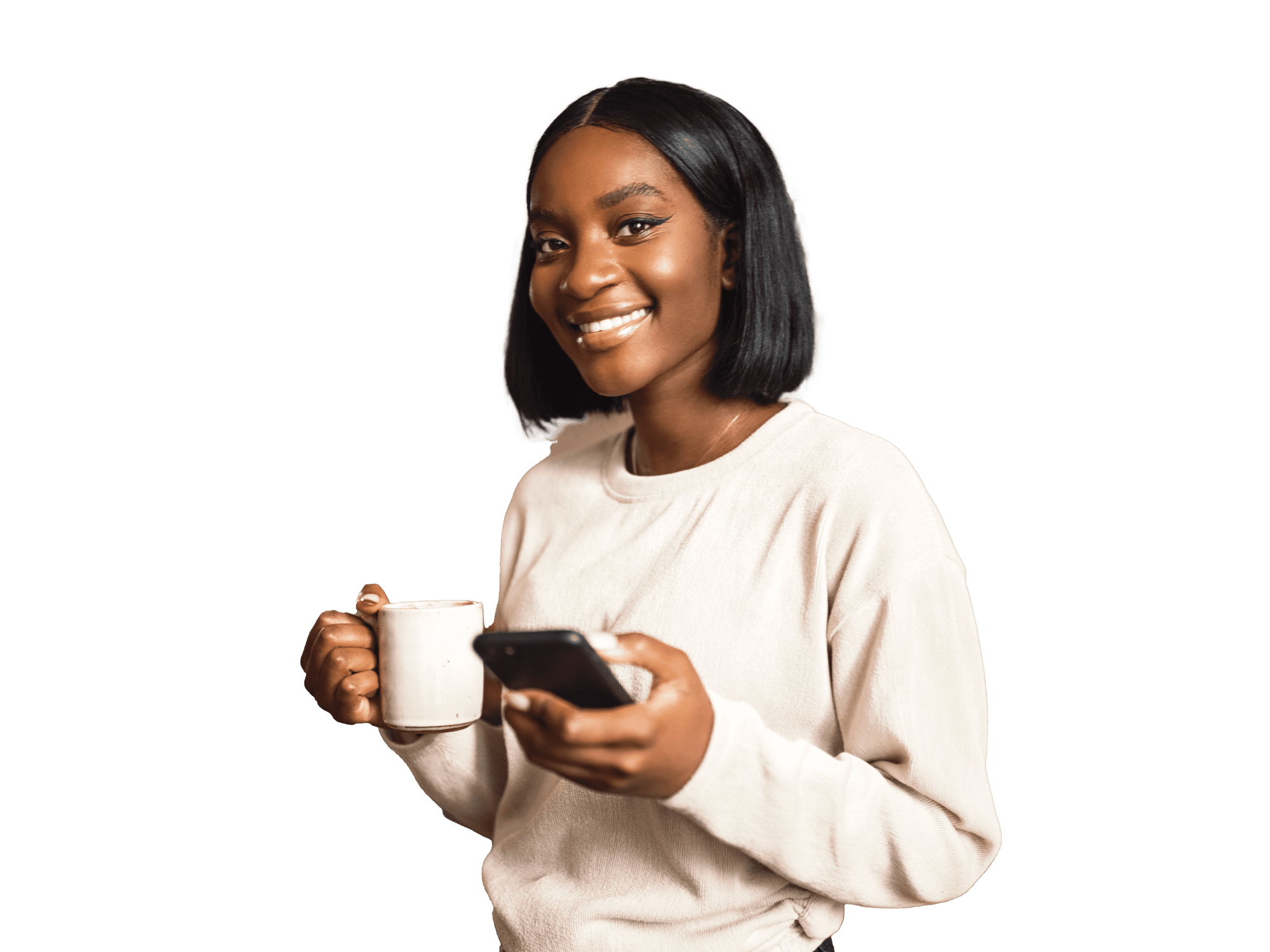 Titelbild für Infoseite "Lifelong Learning": Studentin mit Smartphone und Tasse in den Händen lernt in der Küche