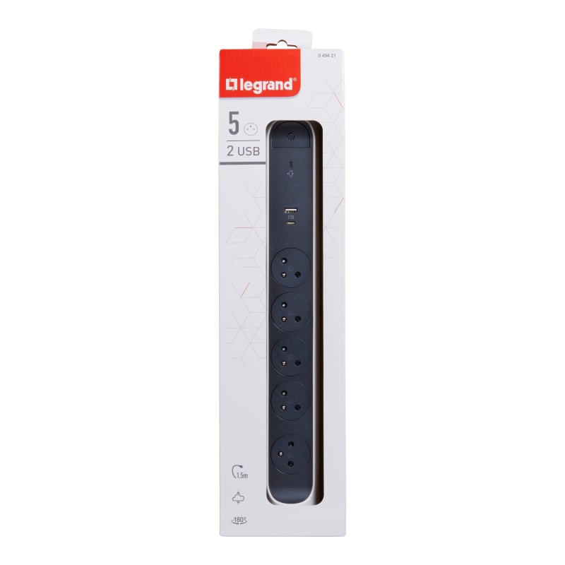 Rallonge multiprise avec bloc rotatif de 5 prises 2P+T Surface , interrupteur , parafoudre , USB Type-A + Type-C - blanc et gris foncé Legrand — Legrand, référence 049421