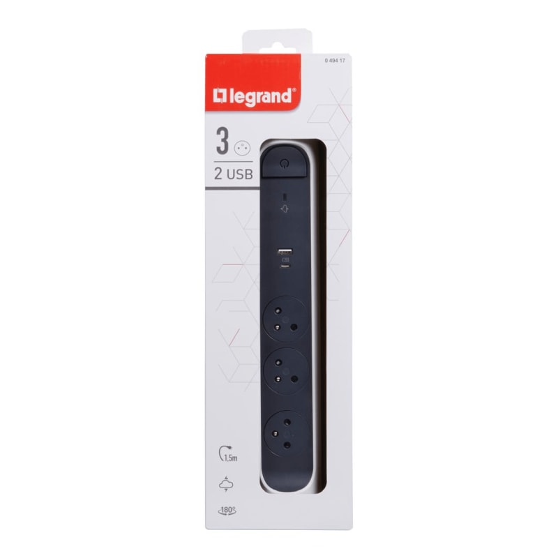 Rallonge multiprise avec bloc rotatif de 3 prises 2P+T Surface , interrupteur , parafoudre , USB Type-A + Type-C - blanc et gris foncé — Legrand, référence 049417