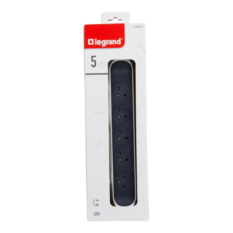 Rallonge multiprise rotative avec 5 prises de courant Surface , interrupteur et cordon 3m - blanc et gris foncé Legrand — Legrand, référence 049461