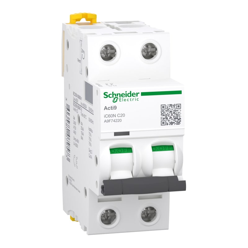 Disjoncteur, Acti9 iC60N, 2P, 20 A, courbe C, 6000 A , 10 kA SCHNEIDER — Schneider Electric, référence A9F74220