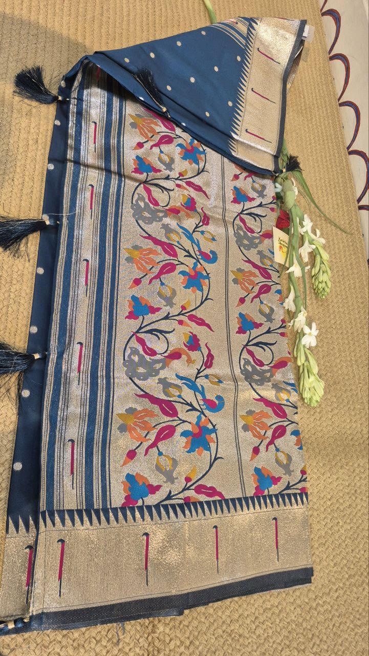 Semi paithani silk sare dark blue with blouse piece, photo 3