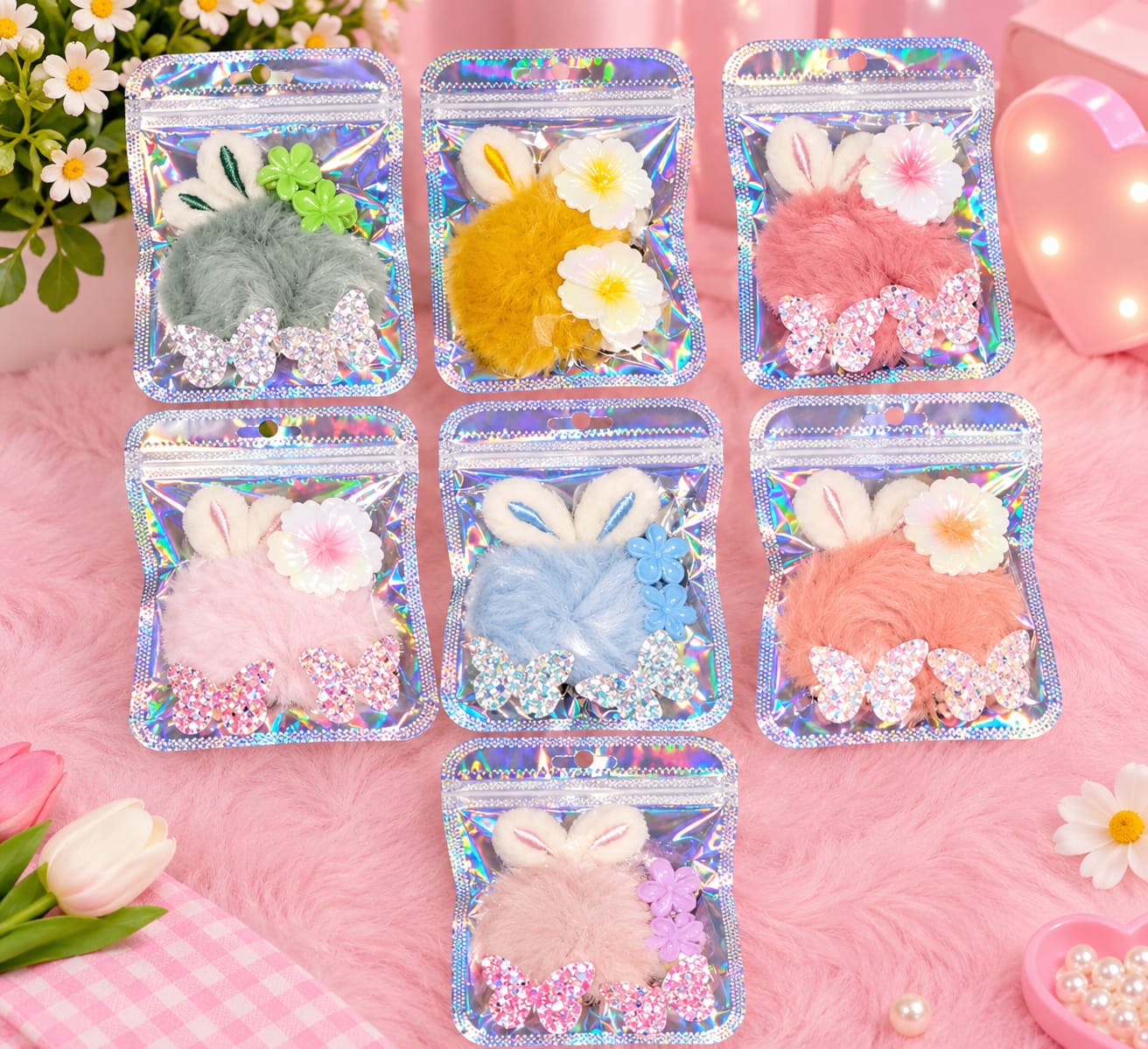 Kit Scrunchie Orejas de Conejo + Broches de Flor