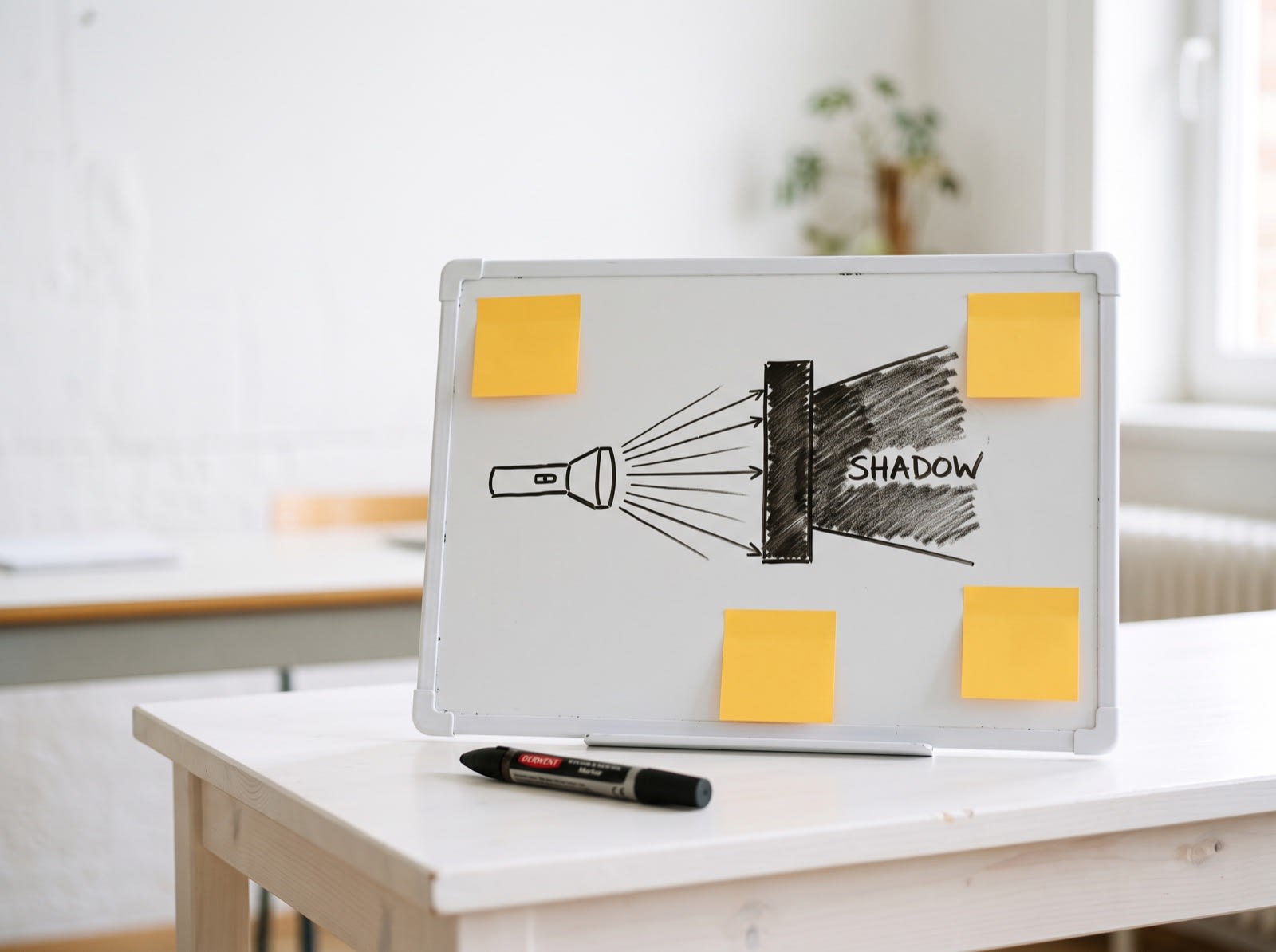 A whiteboard diagram showing light travelling in straight lines and a block making a shadow