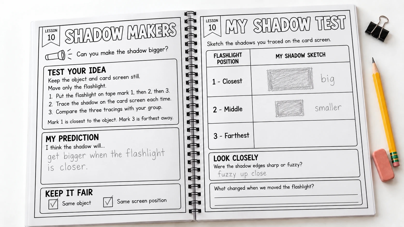 The Shadow Makers and My Shadow Test journal pages, with a child's prediction and shadow sketches