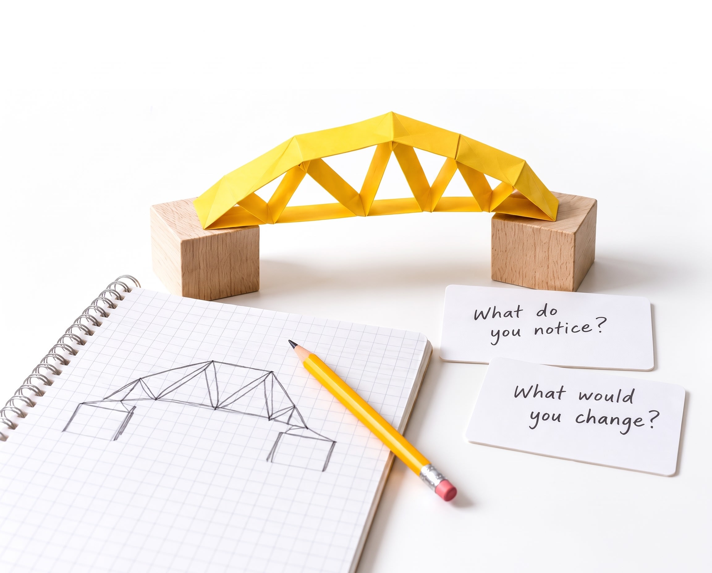 A yellow paper truss bridge on two wooden blocks, a pencil sketch of the bridge, and two question cards: What do you notice? What would you change?